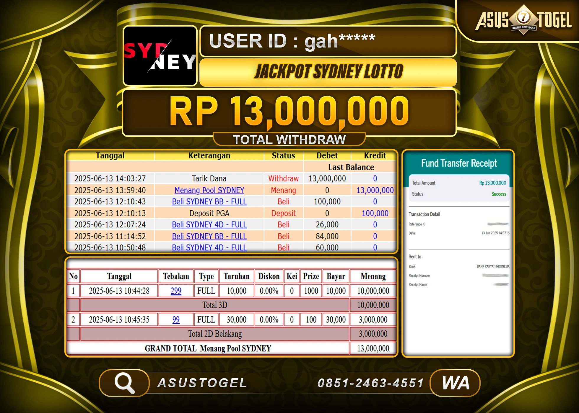 ASUSTOGEL KEMENANGAN DI TOGEL SYDNEY LOTTO SEBESAR 13,000,000- RUPIAH LUNAS