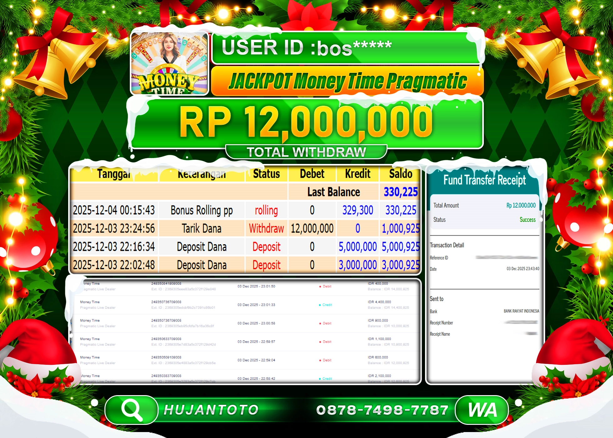 HUJANTOTO - BUKTI JACKPOT MENANG MONEY TIME PRAGMATIC Rp.12,000,000 - TERBAYAR LUNAS