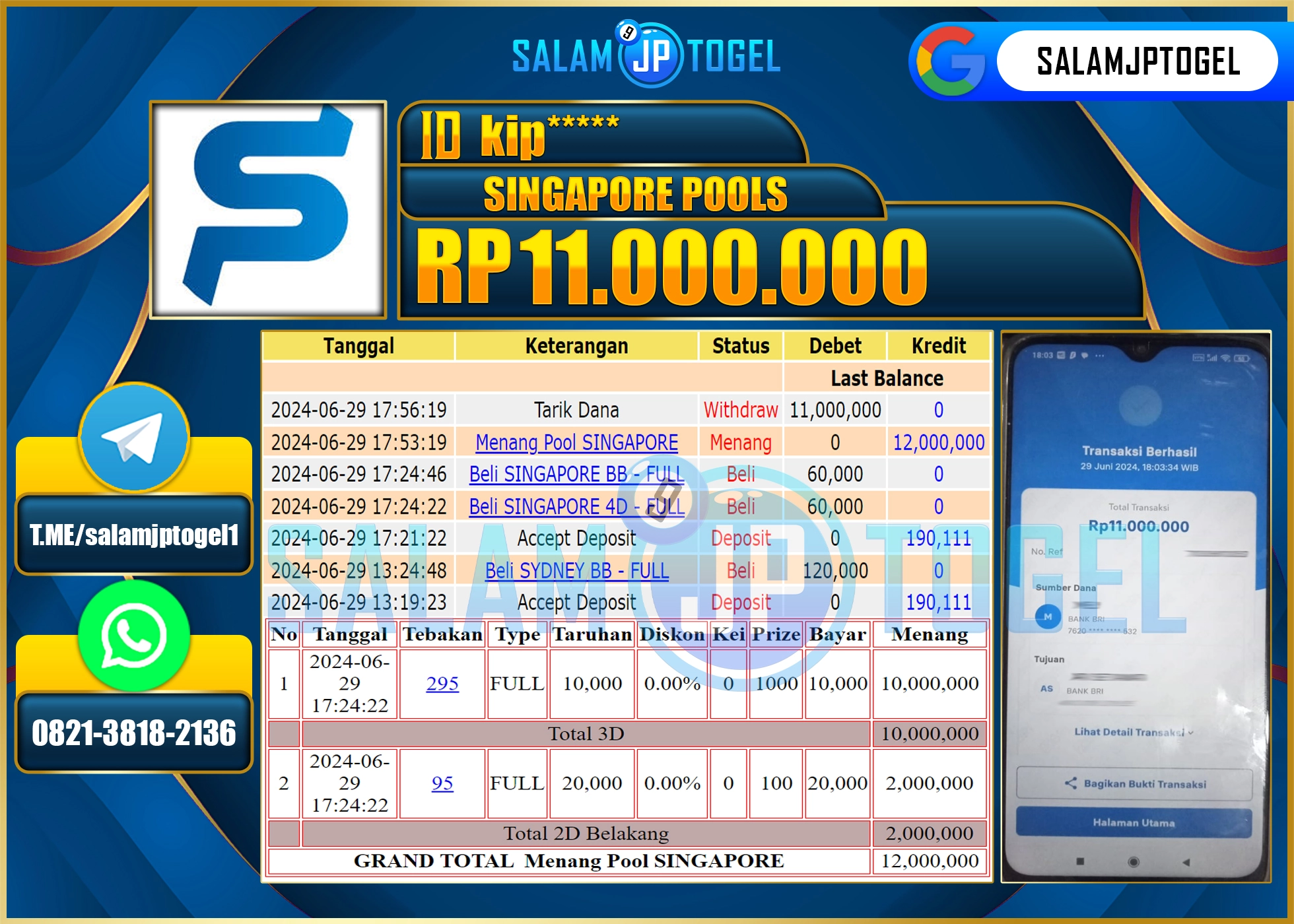 SALAMJPTOGEL MENANG SINGAPORE POOLS RP. 11,000,000.,LUNAS