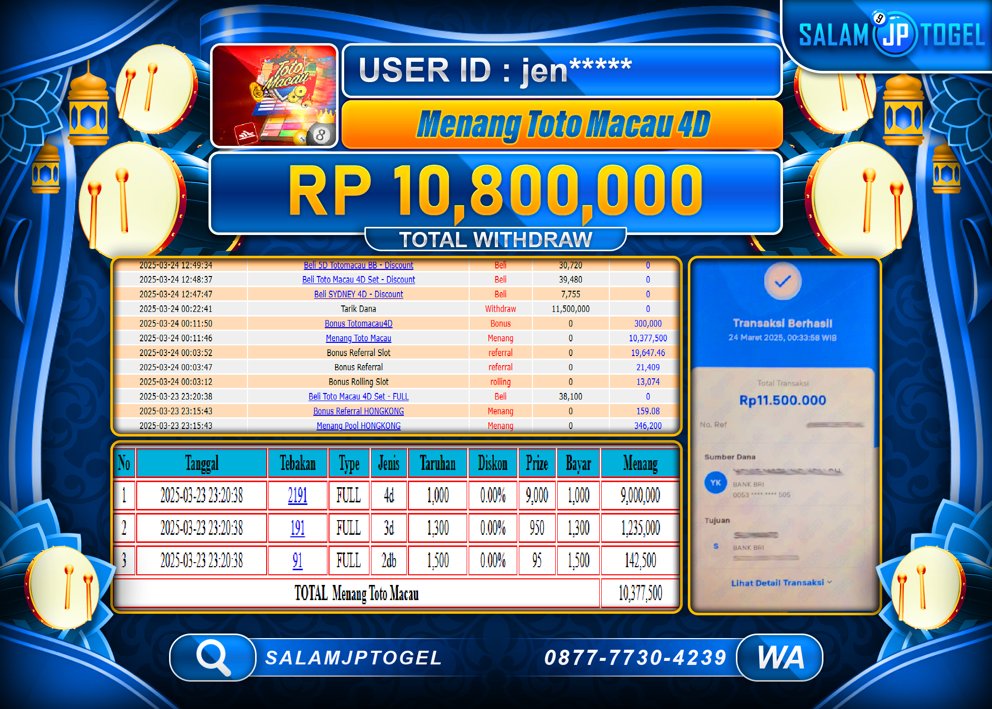 SALAMJPTOGEL MENANG TOTO MACAU 4D  Rp. 10,800,000 LUNAS