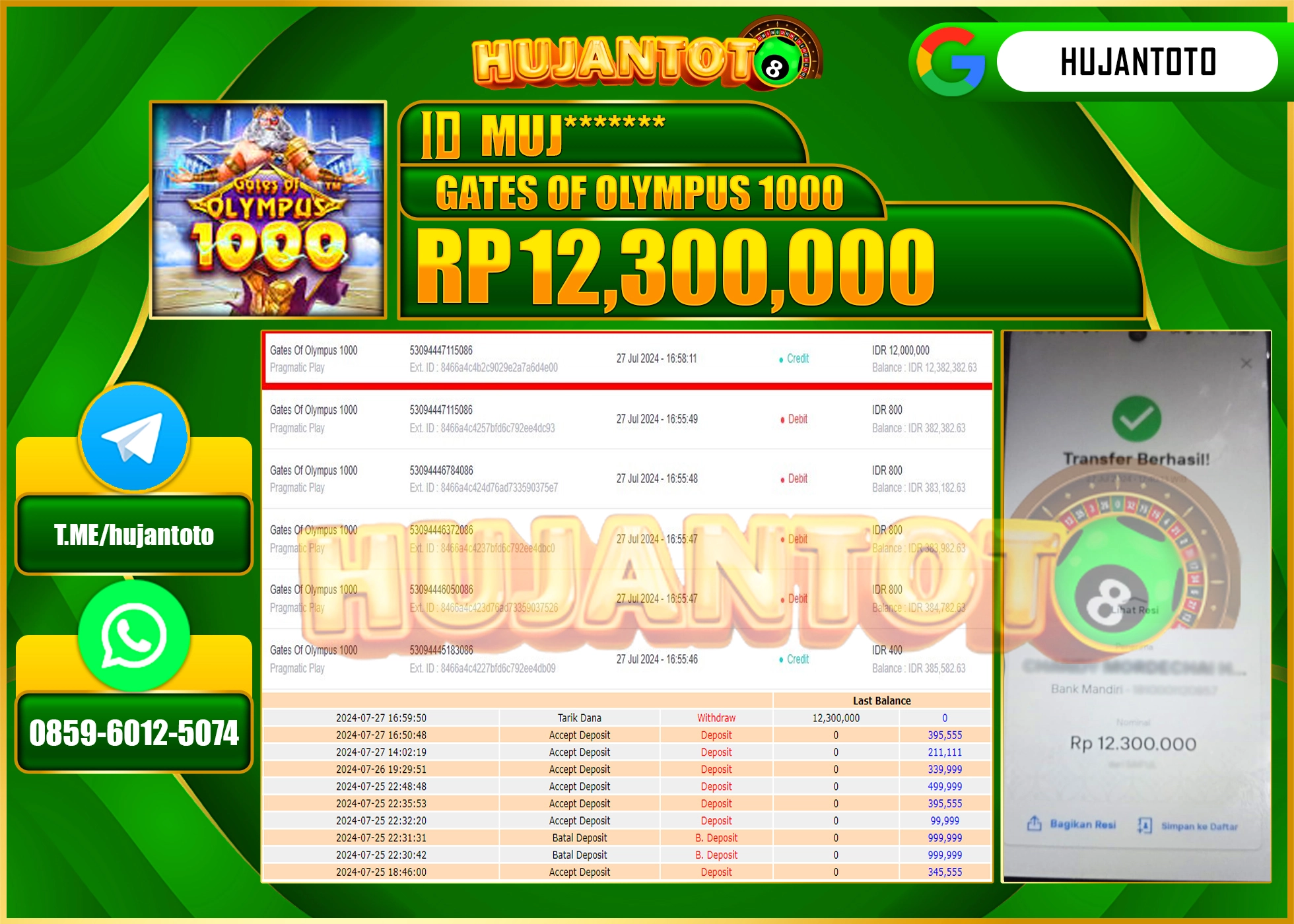 HUJANTOTO MENANG SLOT Gates Of Olympus 1000 (Pragmatic Play)  12.300.000 - LUNAS 