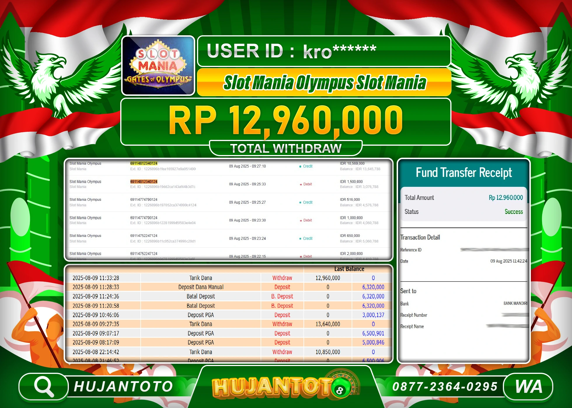 HUJANTOTO - BUKTI JACKPOT MENANG SLOT SLOT MANIA OLYMPUS Rp.12,960,000 - TERBAYAR LUNAS