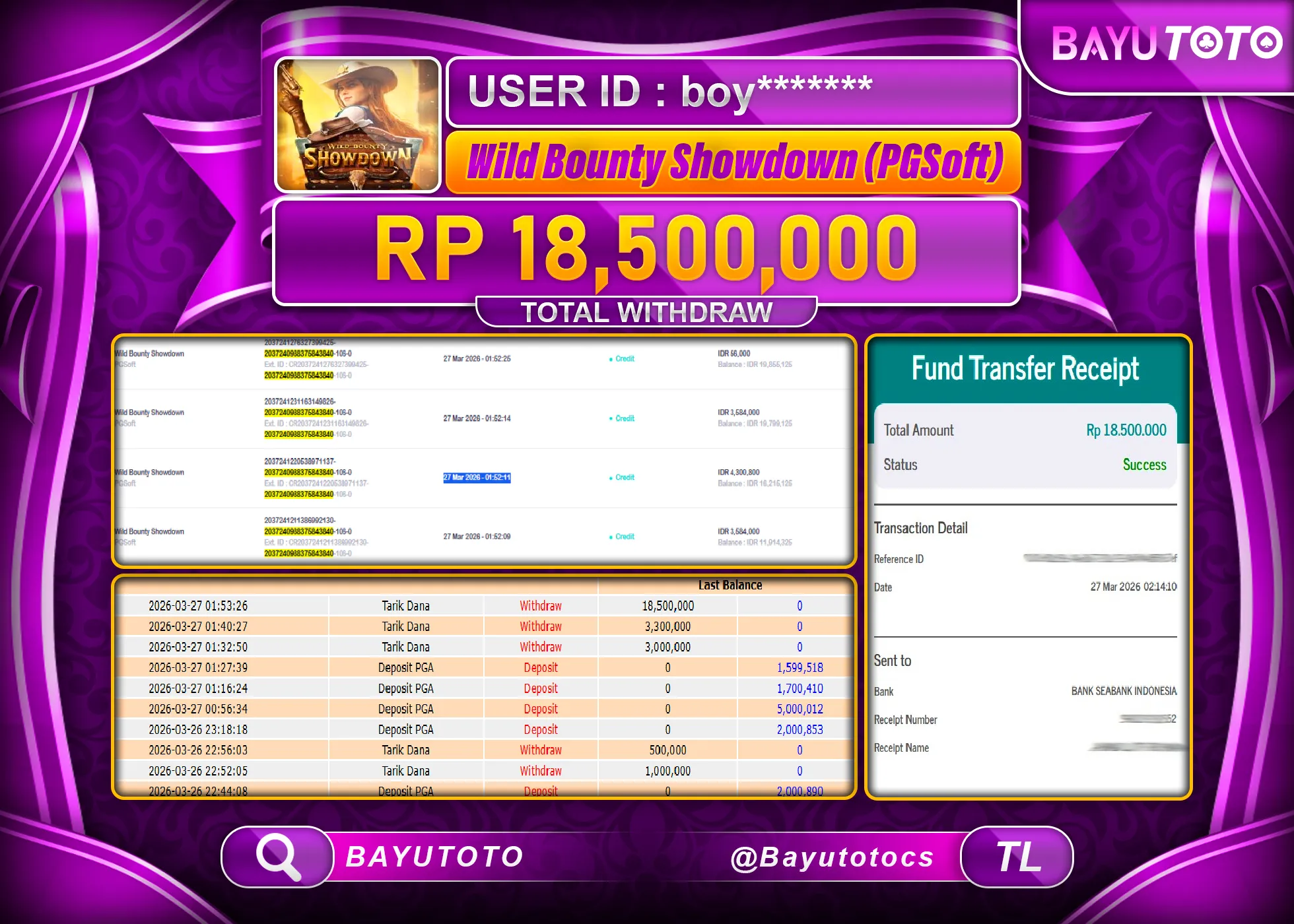 SELAMAT MEMBER SETIA BAYUTOTO JACKPOT DI SLOT WILD BOUNTY SHOWDOW Rp. 18,500,000 LUNAS