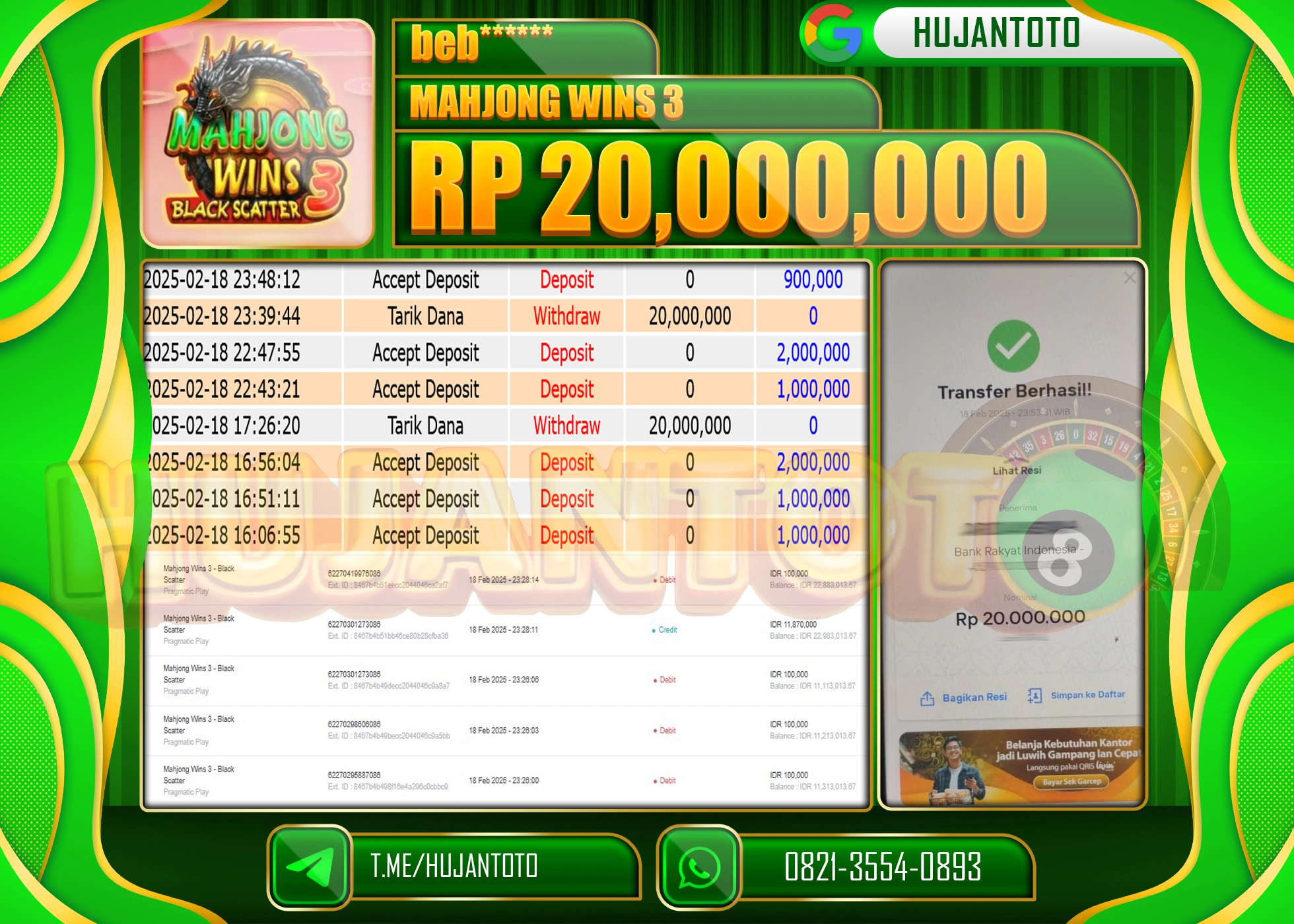 HUJANTOTO - BUKTI JACKPOT MENANG SLOT MAHJONG WINS 3 Rp,20,000,000 - TERBAYAR LUNAS