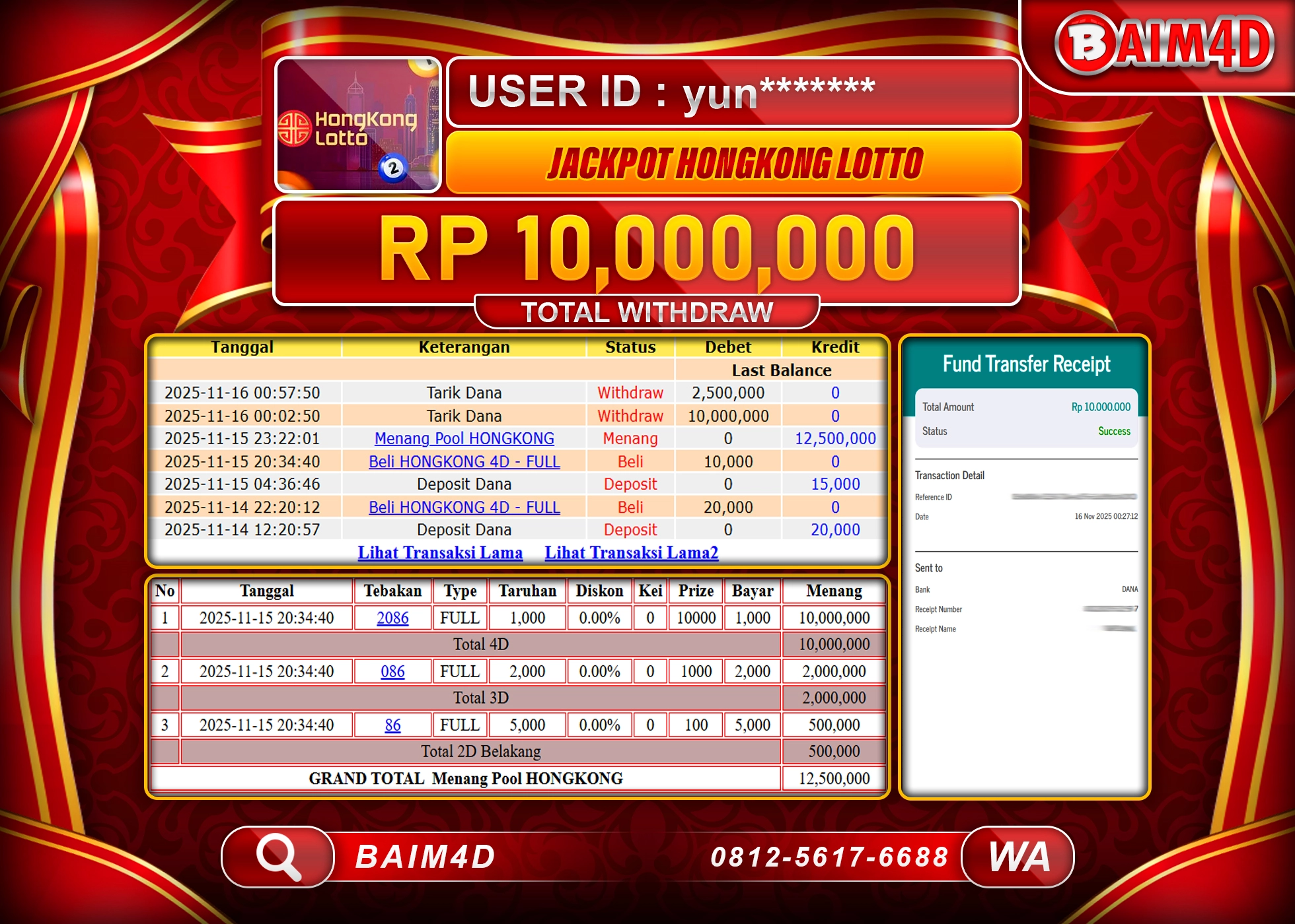 BAIM4D JACKPOT  TOGEL HONGKONG LOTTO Rp.10,000,000 - LUNAS