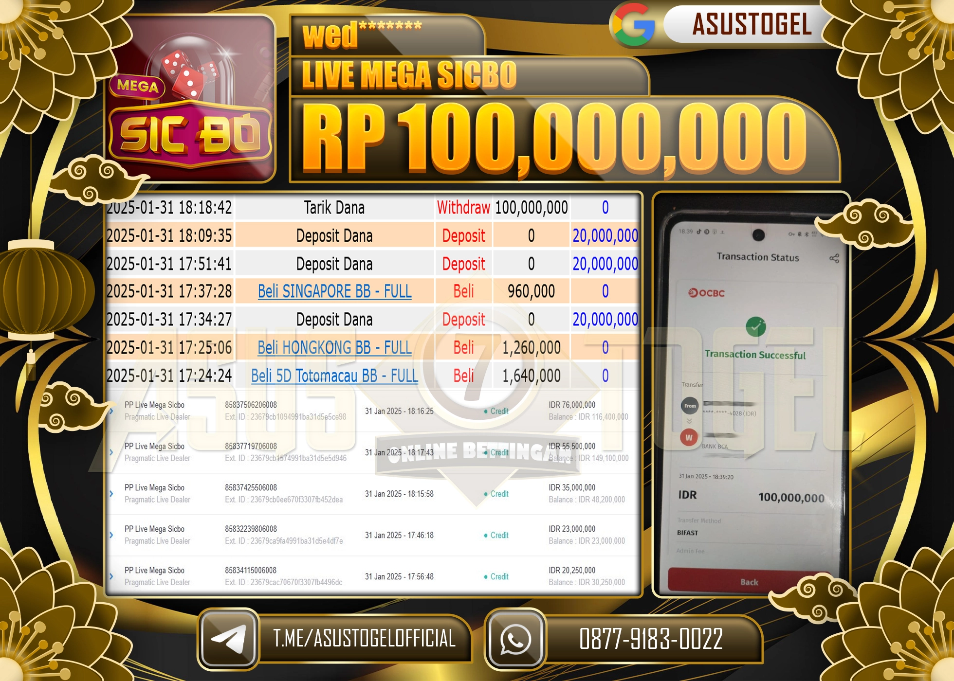 ASUSTOGEL KEMENANGAN DI PP LIVE MEGA SICBO SEBESAR 100.000.000 - RUPIAH LUNAS