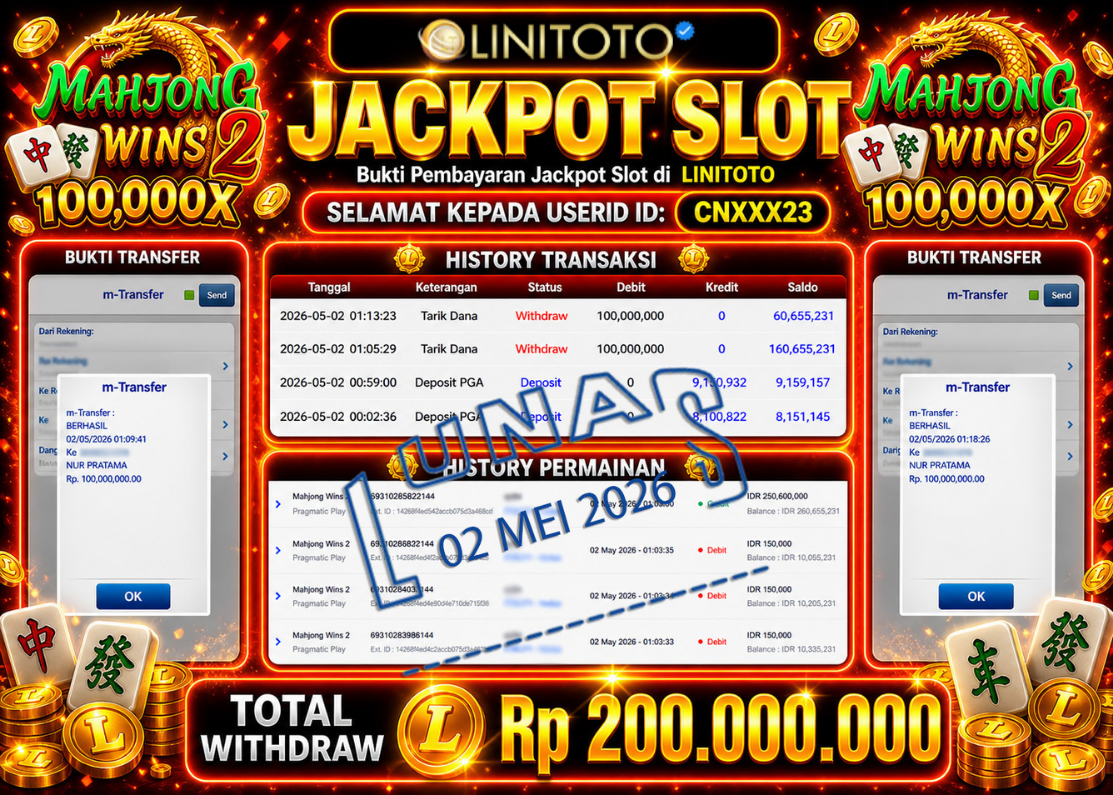 LINITOTO JACKPOT SLOT Mahjong Wins 2 Rp.200,000,000 - LUNAS