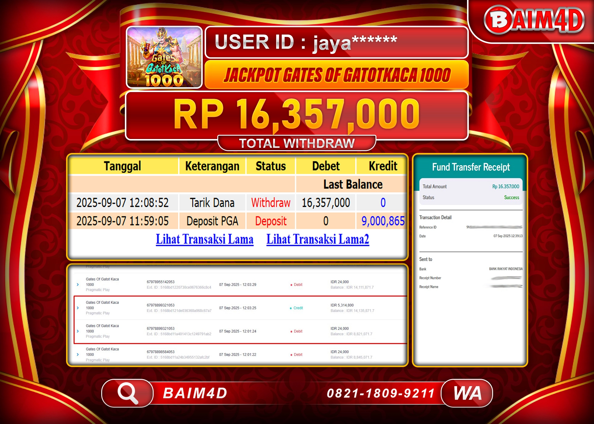 BAIM4D JACKPOT SLOT GATES OF GATOTKACA Rp.16,357,000.- LUNAS