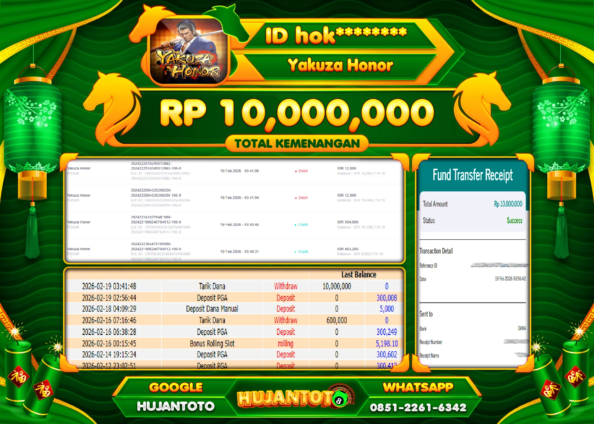 HUJANTOTO - BUKTI JACKPOT MENANG SLOT YAKUZA HONOR PGSOFT Rp.10,000,000 - TERBAYAR LUNAS
