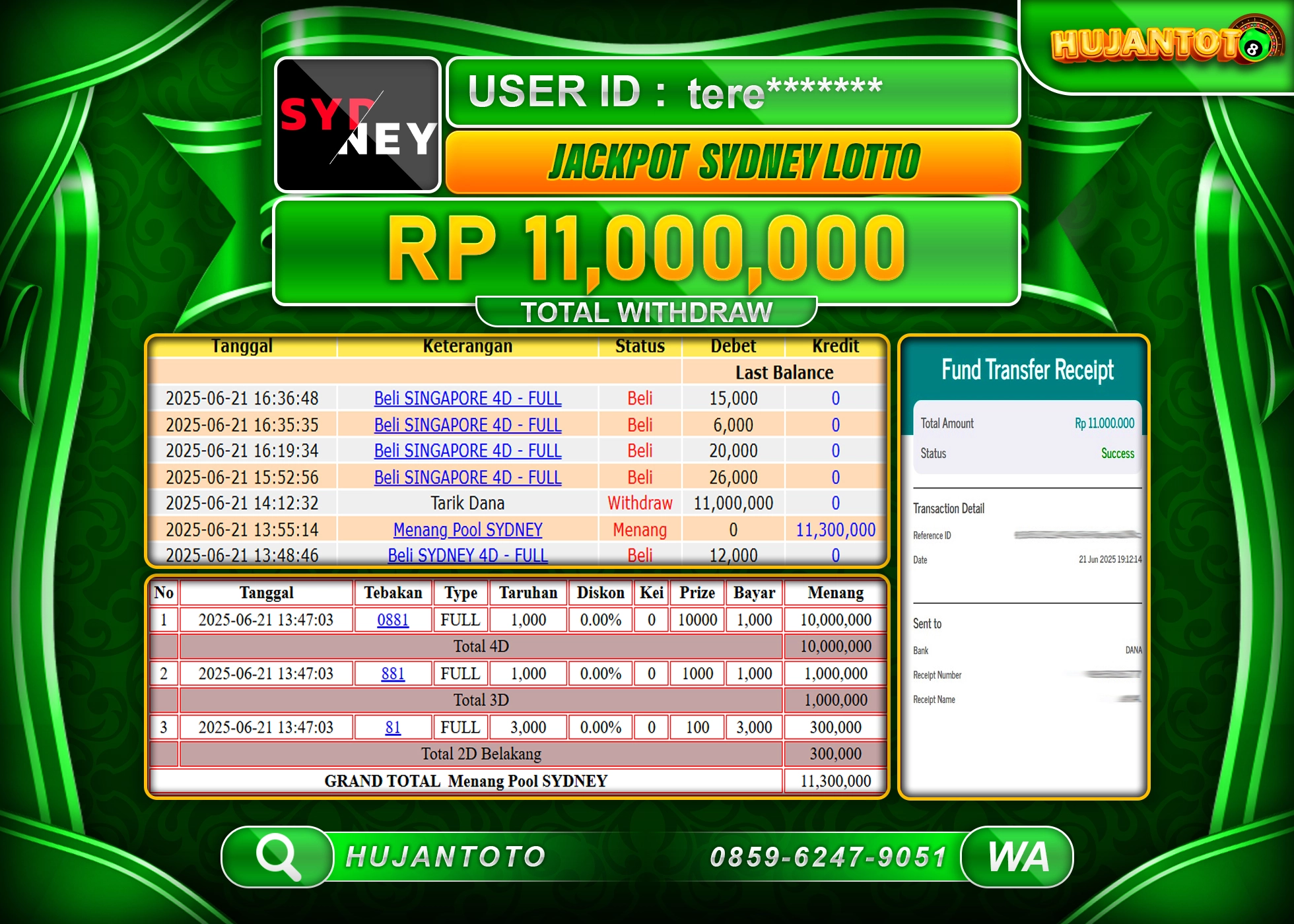 HUJANTOTO - BUKTI JACKPOT MENANG DI GAME TOGEL SYDNEY LOTTO Rp.11,000,000  - TERBAYAR LUNAS
