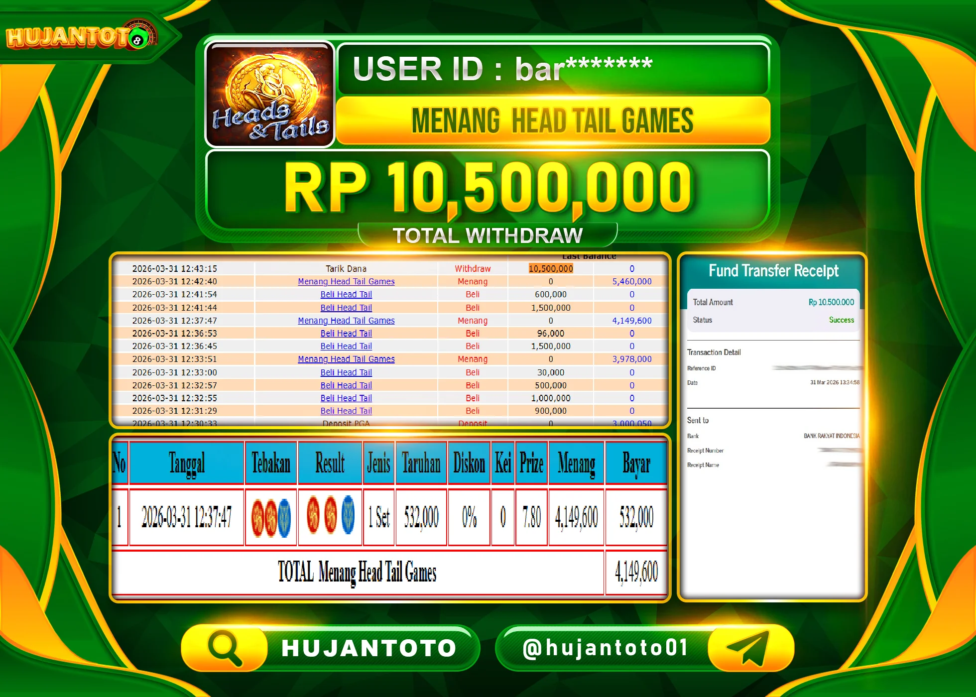 HUJANTOTO - BUKTI JACKPOT MENANG LIVEGAMES HEAD TAIL  Rp.10,500,000 - TERBAYAR LUNAS