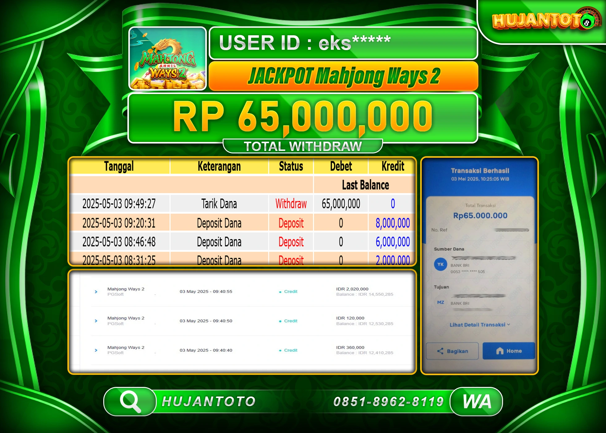 HUJANTOTO - BUKTI JACKPOT MENANG SLOT MAHJONG WAYS 2 Rp,65,000,000  - TERBAYAR LUNAS