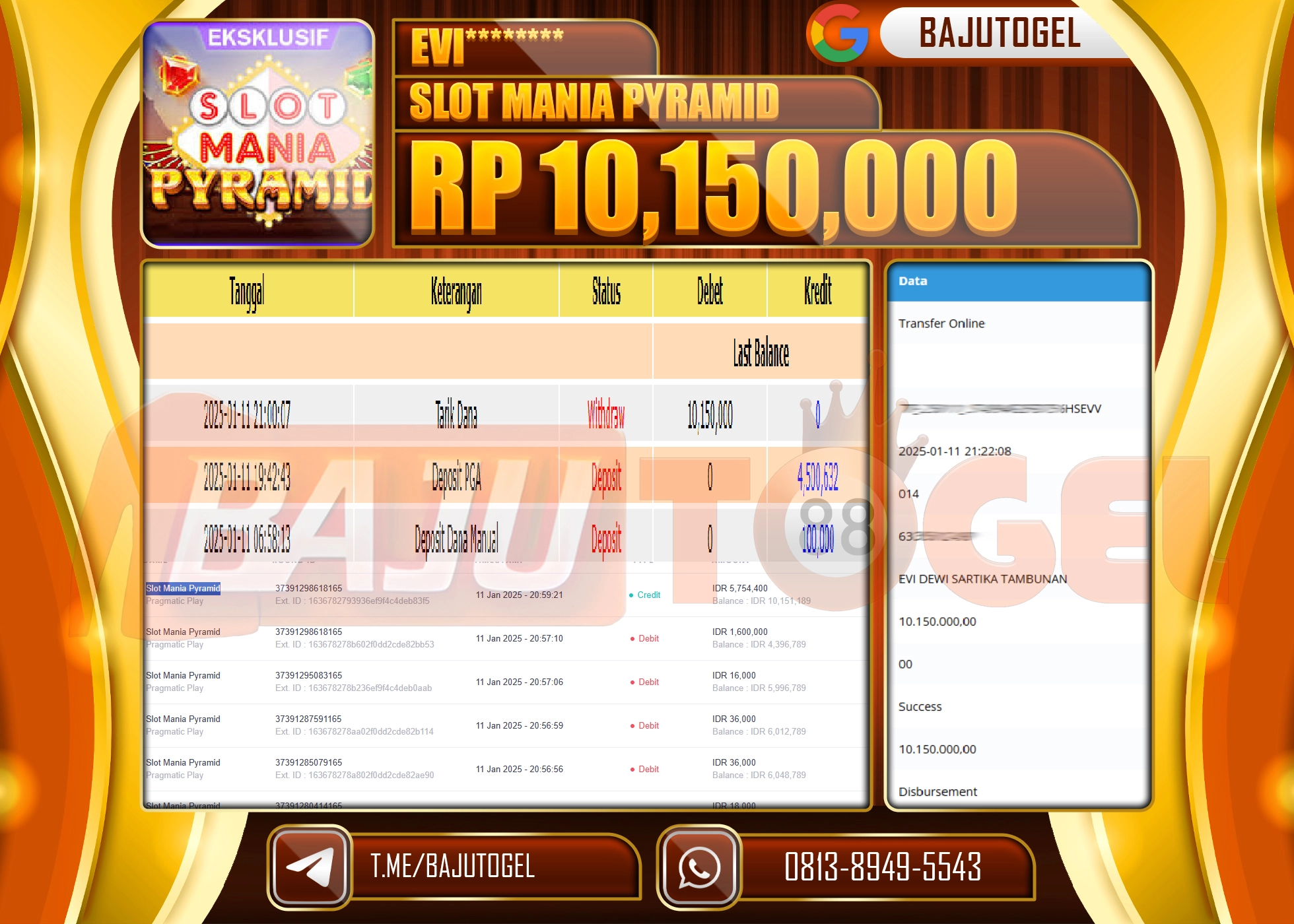 BAJUTOGEL JACKPOT SLOT MANIA PYRAMID Rp.10.150.000 LUNAS
