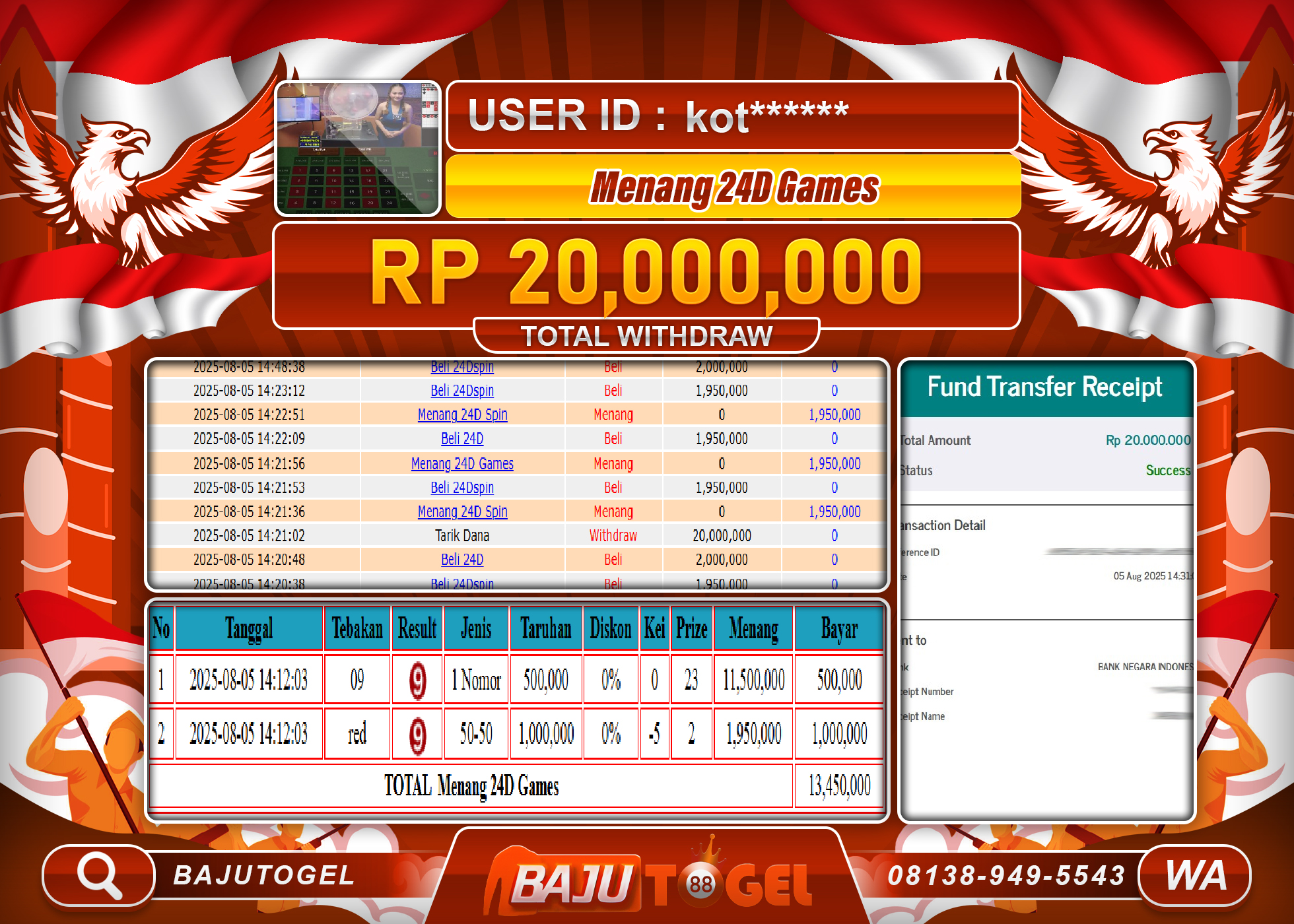 BAJUTOGEL KEMENANGAN LIVE CASINO 24DSPIN GAMES Rp.20.000.000 LUNAS