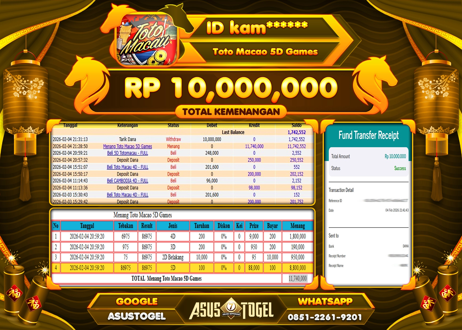 ASUSTOGEL KEMENANGAN DI TOGEL TOTO MACAU 5D SEBESAR 10,000,000 - RUPIAH LUNAS