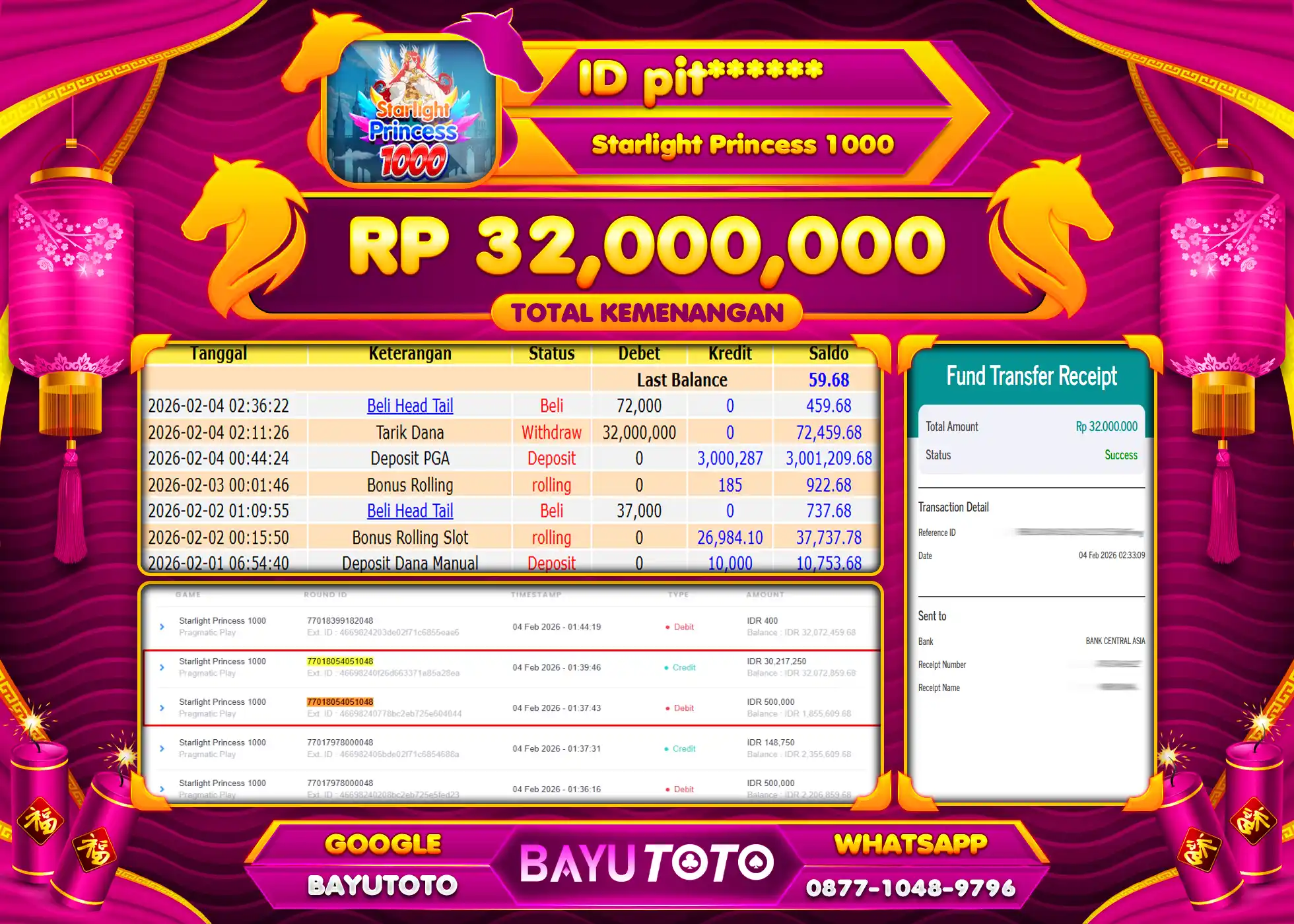 SELAMAT KEPADA MEMBER SETIA BAYUTOTO JACKPOT STARLIGHT PRINCESS 1000 Rp. 32,000,000 LUNAS