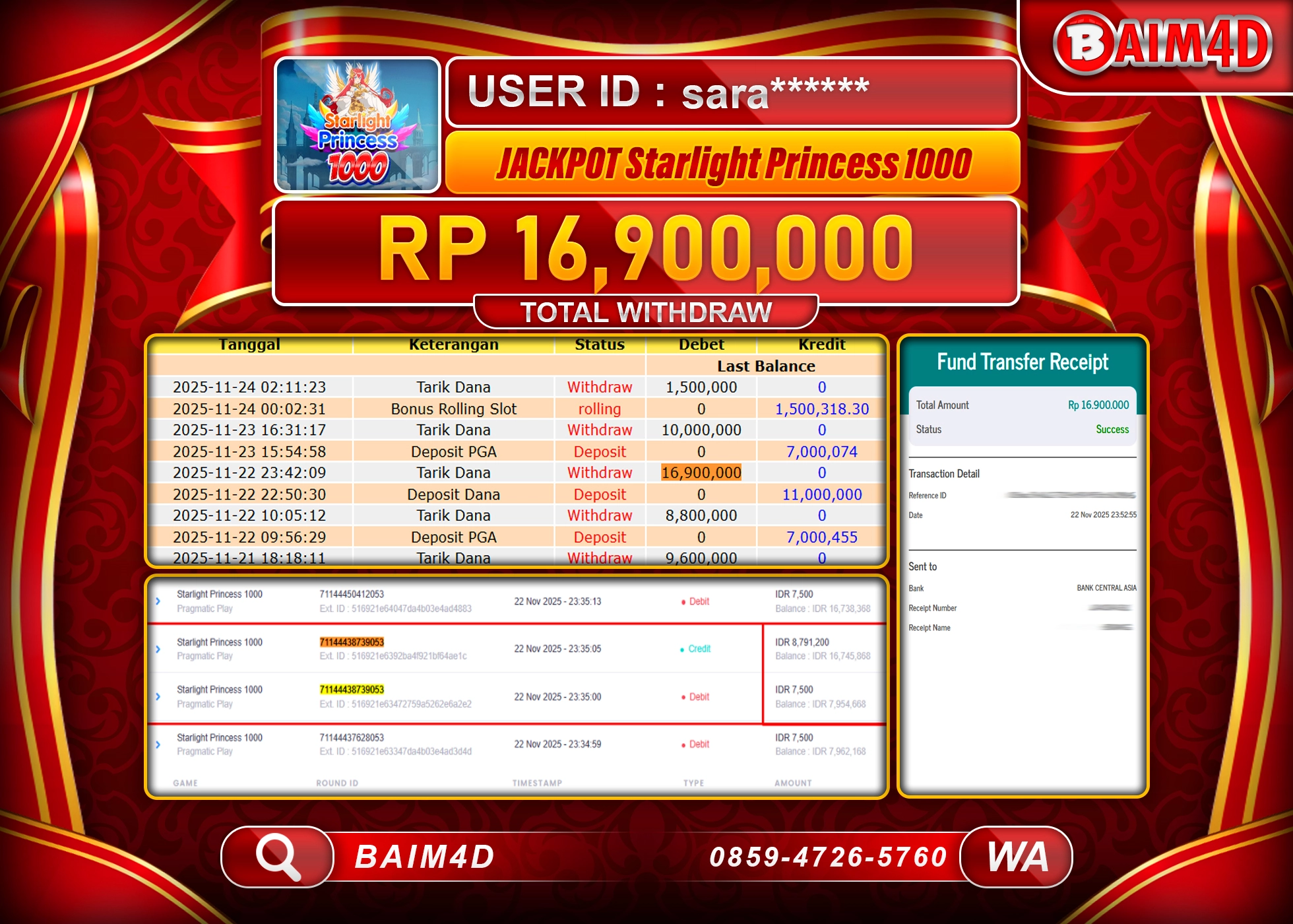 BAIM4D JACKPOT  SLOT STARLIGHT PRINCESS 1000  Rp.16,900,000 - LUNAS