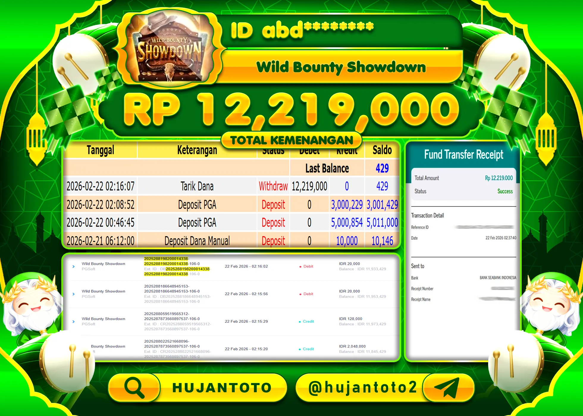 HUJANTOTO - BUKTI JACKPOT MENANG SLOT WILD BOUNTY SHOWDOWN Rp.12,219,000 - TERBAYAR LUNAS