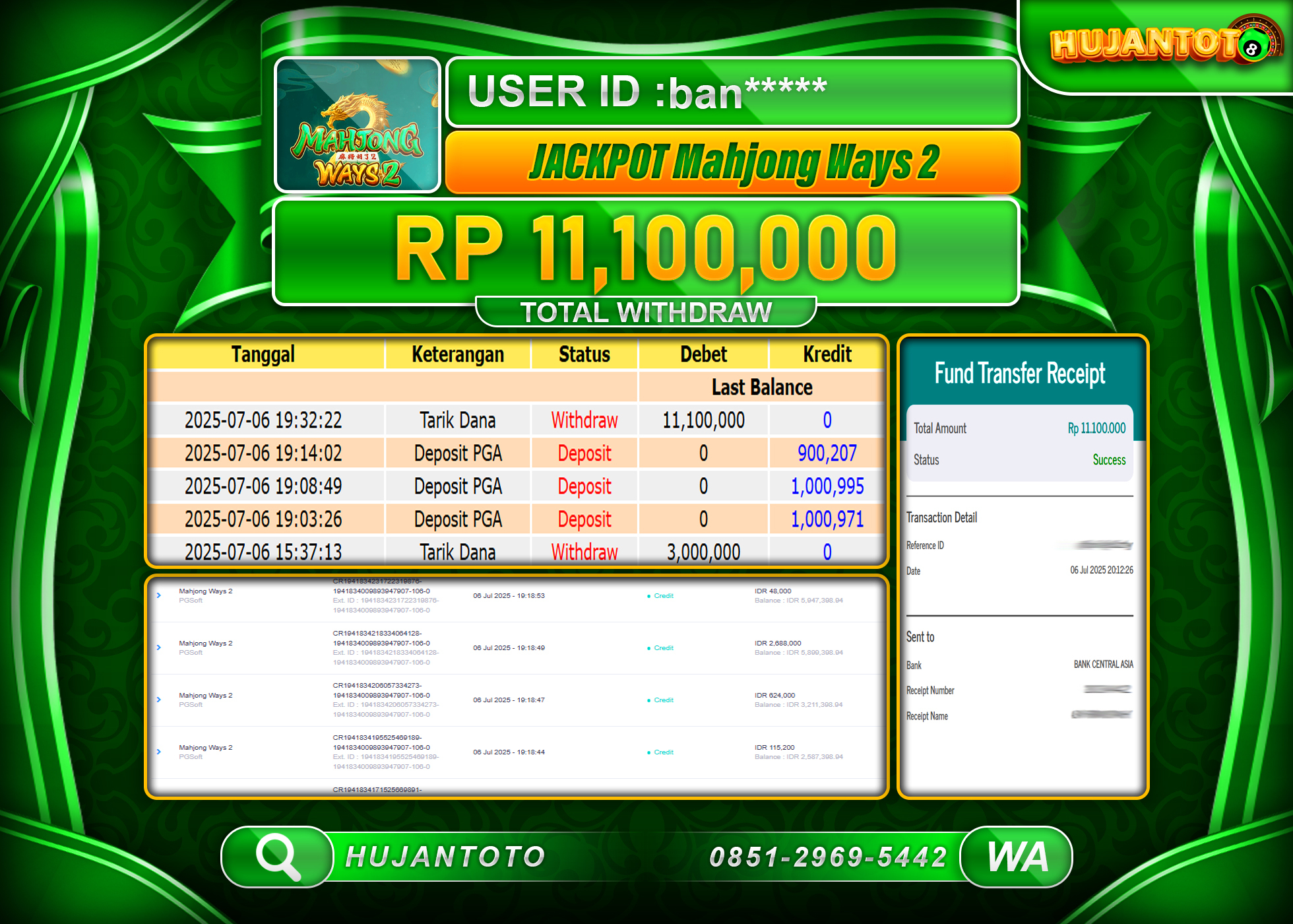 HUJANTOTO - BUKTI JACKPOT MENANG SLOT MAHJONG WAYS 2 GAMES Rp.11,100,000 - TERBAYAR LUNAS