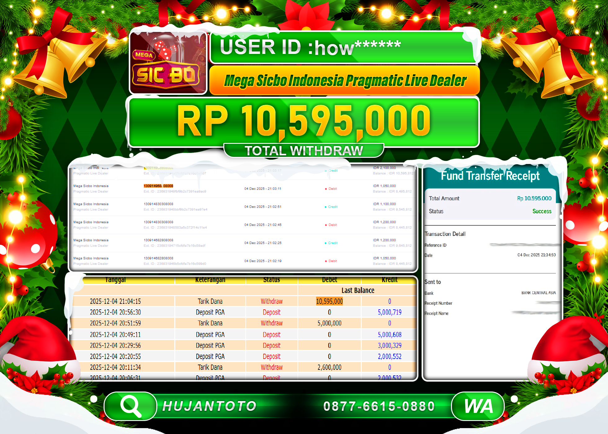 HUJANTOTO - BUKTI JACKPOT MENANG MEGA SICBO INDONESIA Rp.10,595,000 - TERBAYAR LUNAS