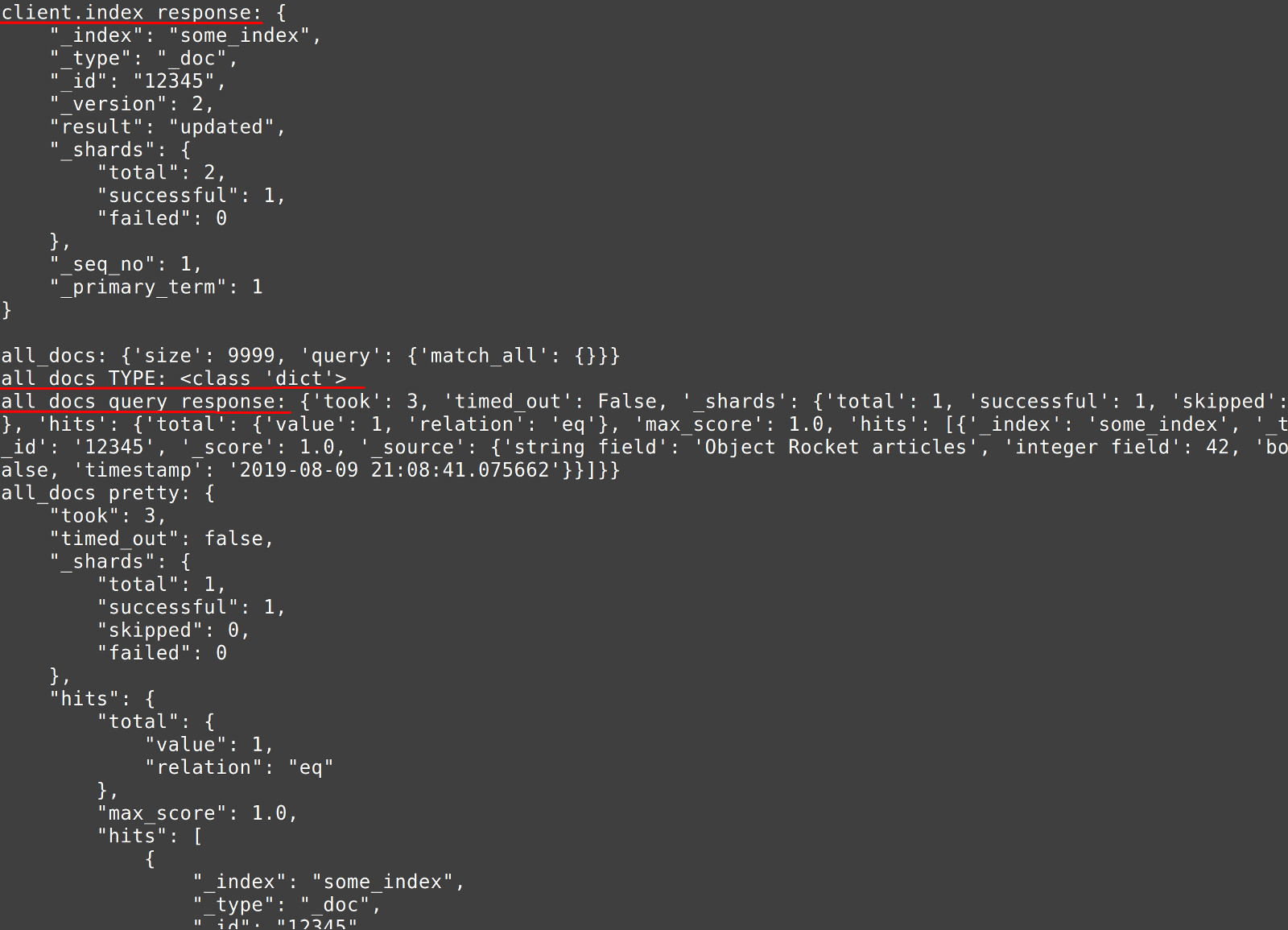 Screenshot of API calls made in Python by passing JSON strings to Elasticsearch client methods