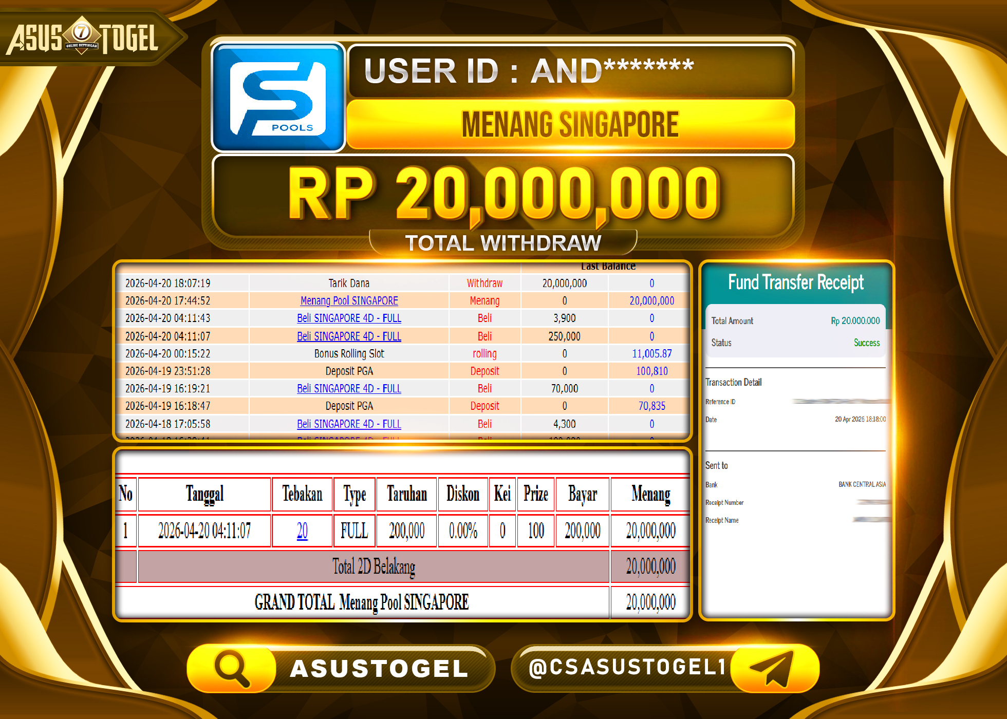ASUSTOGEL KEMENANGAN JACKPOT DI TOGEL DI PASARAN SINGAPORE POOL SEBESAR Rp.20,000,000 - RUPIAH LUNAS