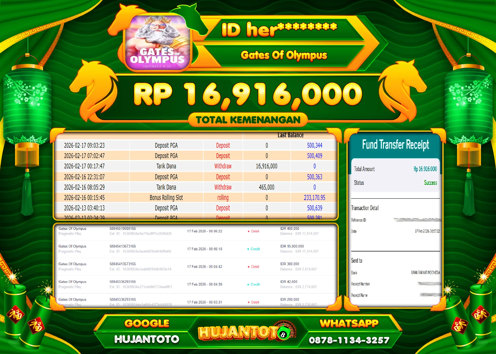 HUJANTOTO - BUKTI JACKPOT MENANG SLOT GATES OF OLYMPUS Rp.16,916,000 - TERBAYAR LUNAS