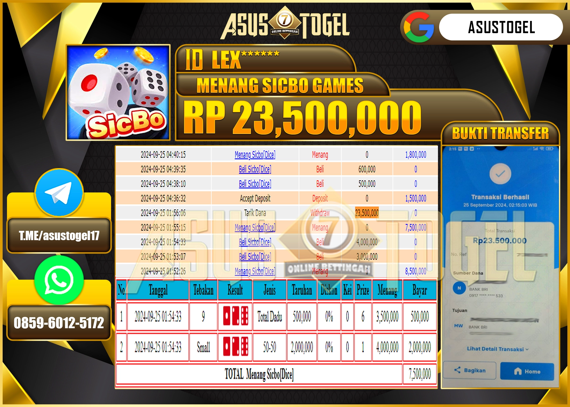 ASUSTOGEL KEMENANGAN DI LIVE GAME SICBO GAMES SEBESAR 23,500,000- RUPIAH LUNAS