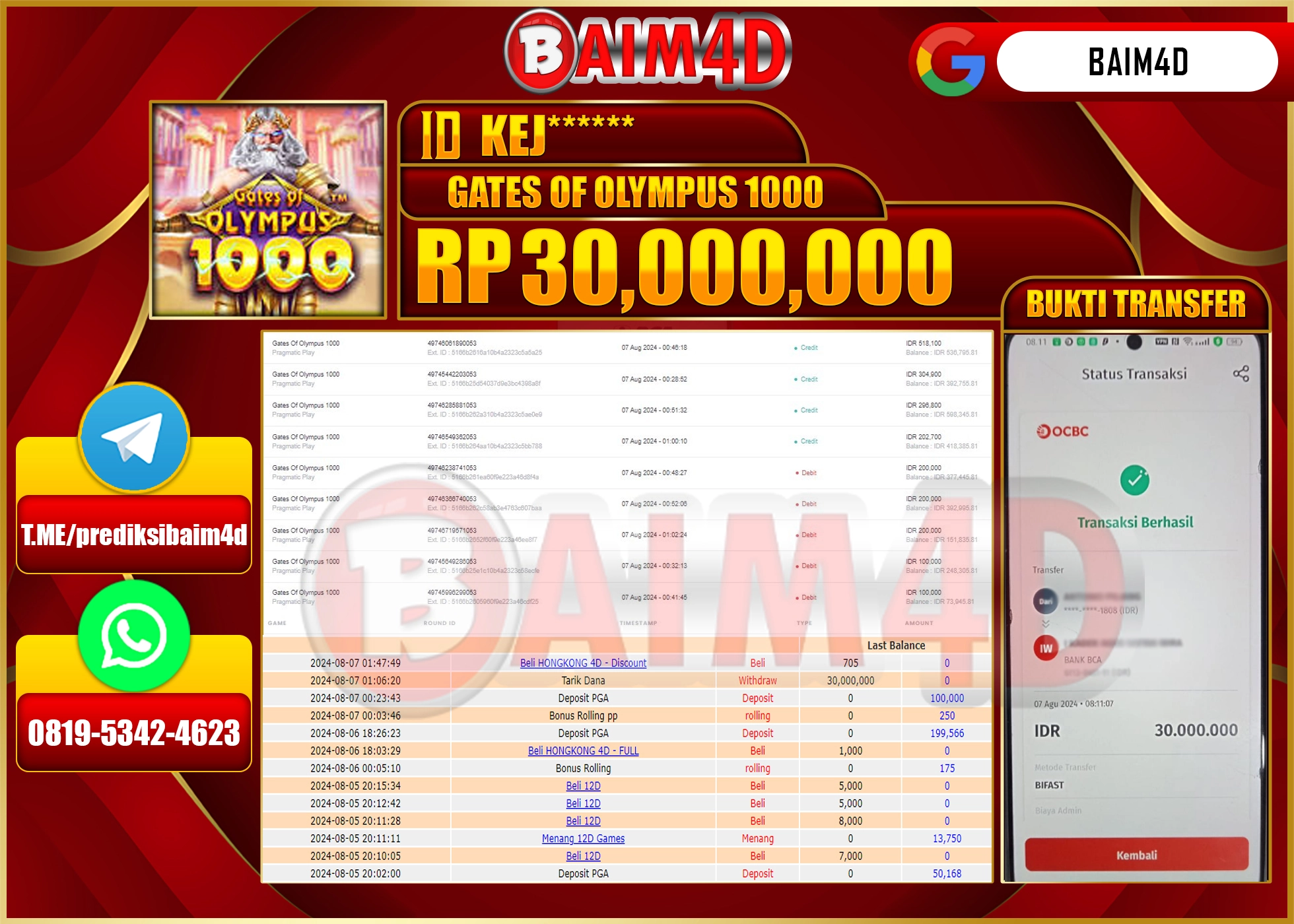 BAIM4D JACKPOT GATES OF OLYMPUS 1000 Rp.30.000,000.- LUNAS