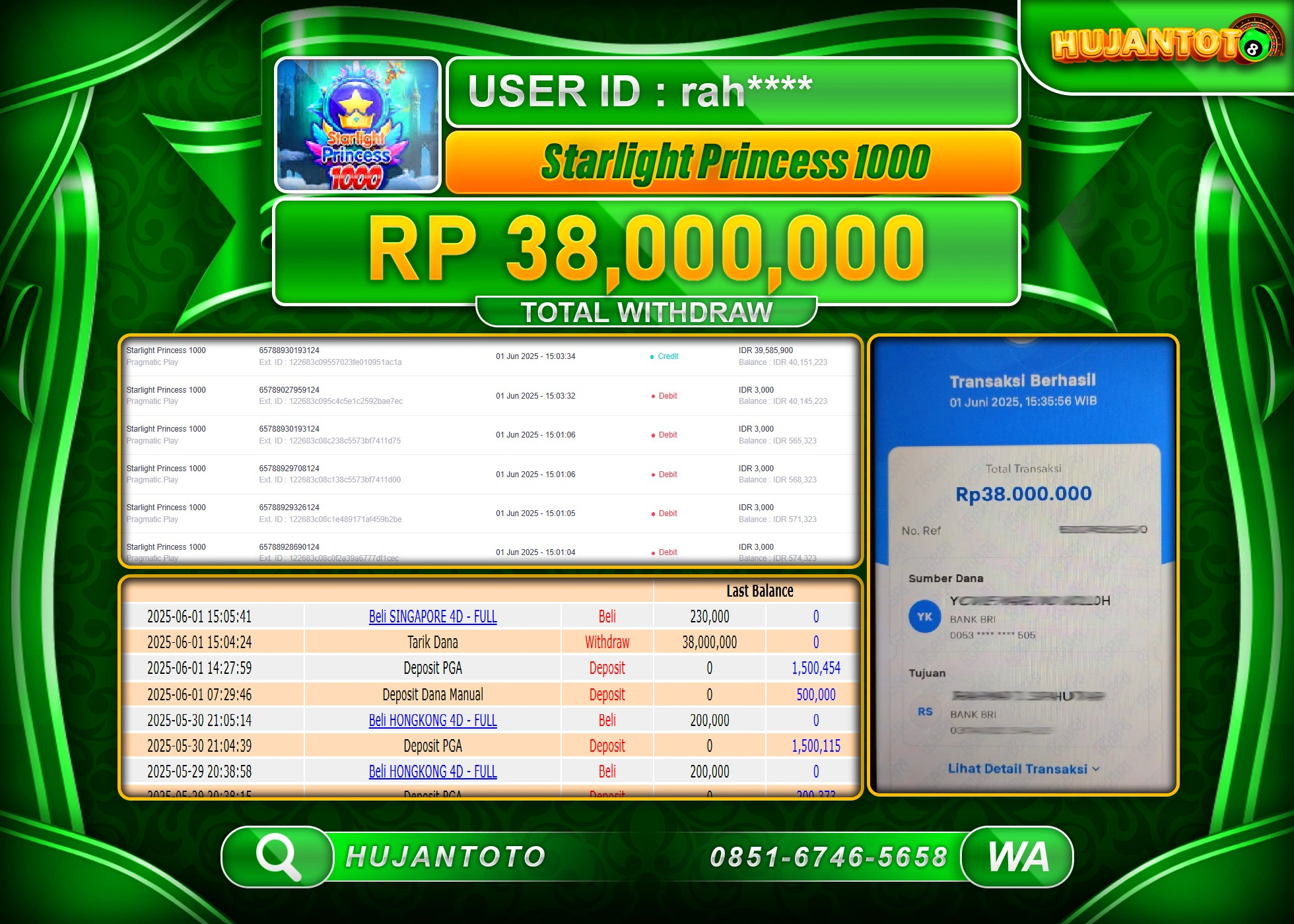   HUJANTOTO - BUKTI JACKPOT MENANG SLOT STARLIGHT PRINCESS 1000 Rp.38,000,000 - TERBAYAR LUNAS
