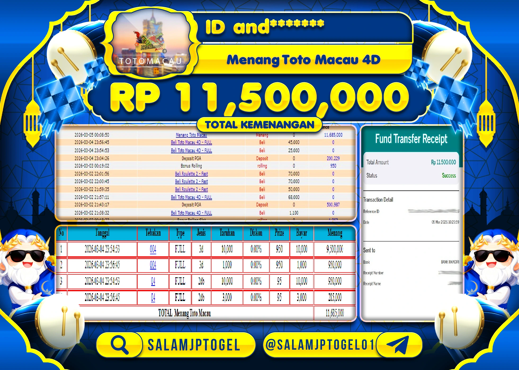 SALAMJPTOGEL JACKPOT Toto Macau 4D (TOGEL) Rp.11.500.000 - LUNAS