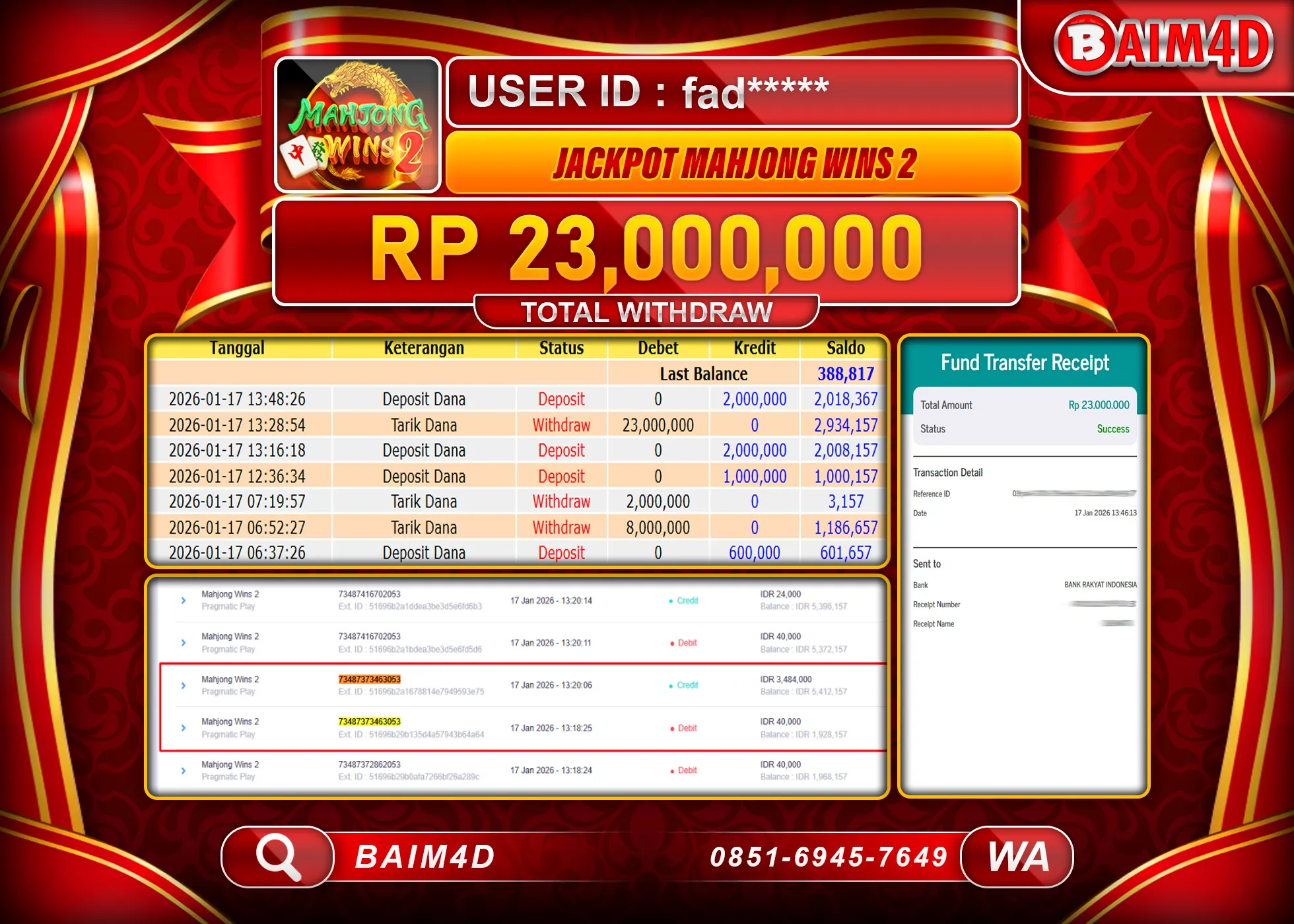 BAIM4D JACKPOT  SLOT MAHJONG WINS 2 Rp.23,000,000 - LUNAS