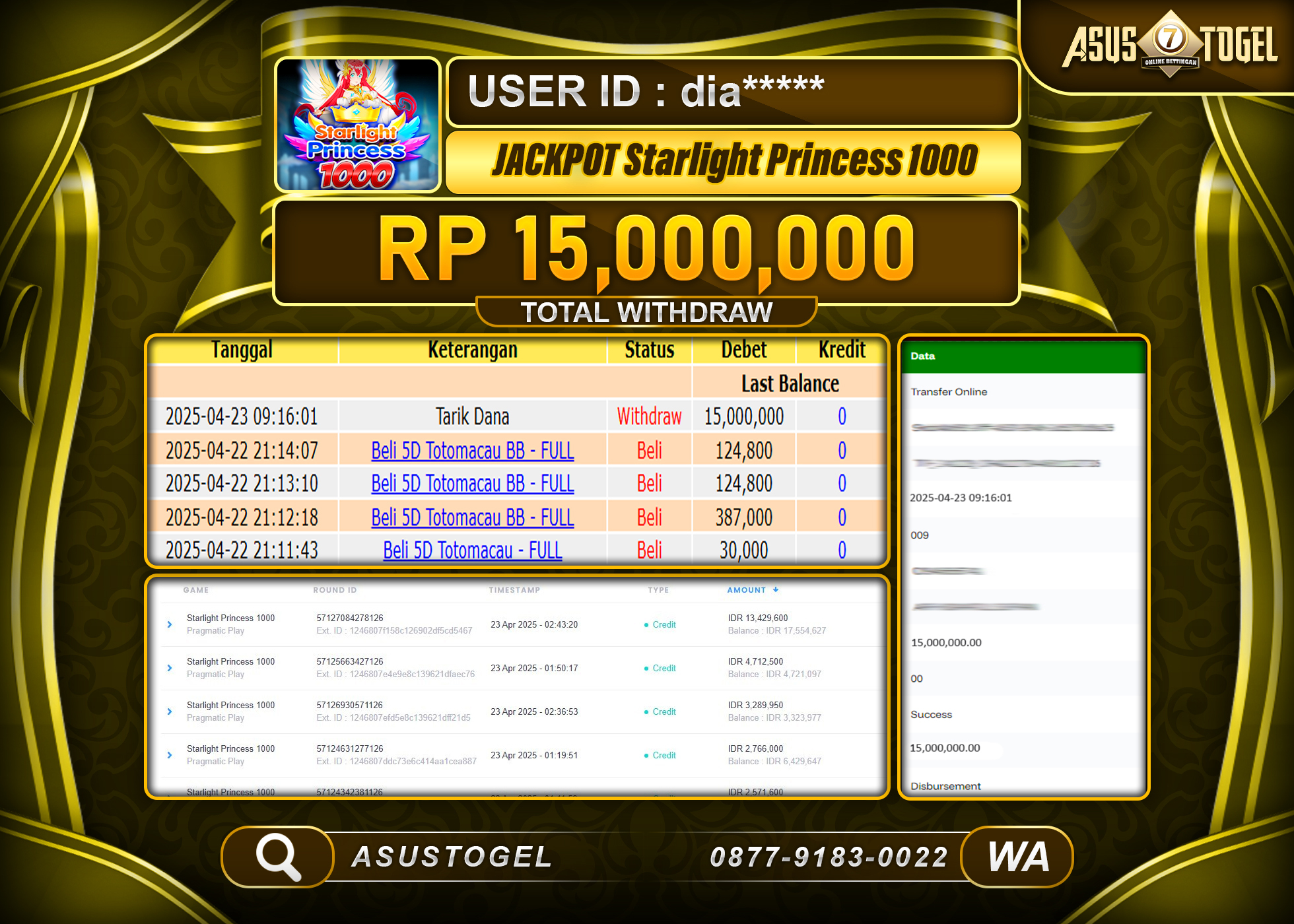 ASUSTOGEL KEMENANGAN DI SLOT STARLIGHT PRINCESS 1000 SEBESAR 15,000,000- RUPIAH LUNAS