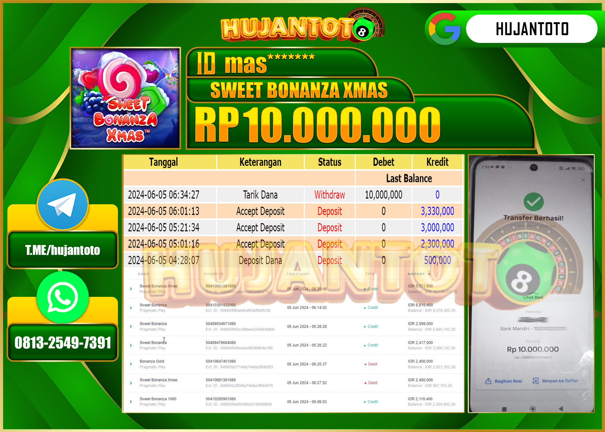 HUJANTOTO MENANG SLOT SWEET BONANZA XMAS 10.000.000 - LUNAS 