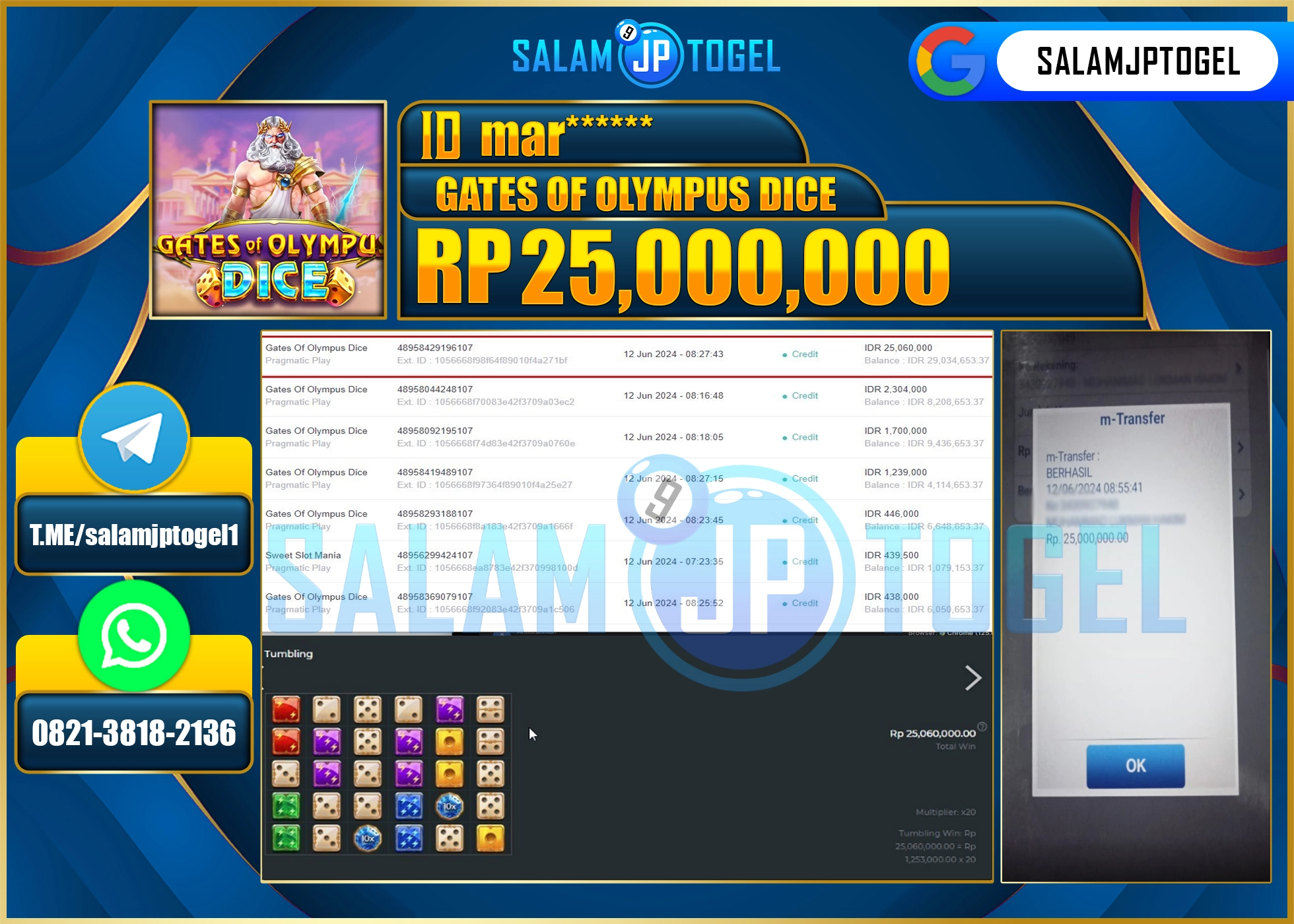 SALAMJPTOGEL MENANG Gates Of Olympus DICE RP. 25,000,000.,LUNAS