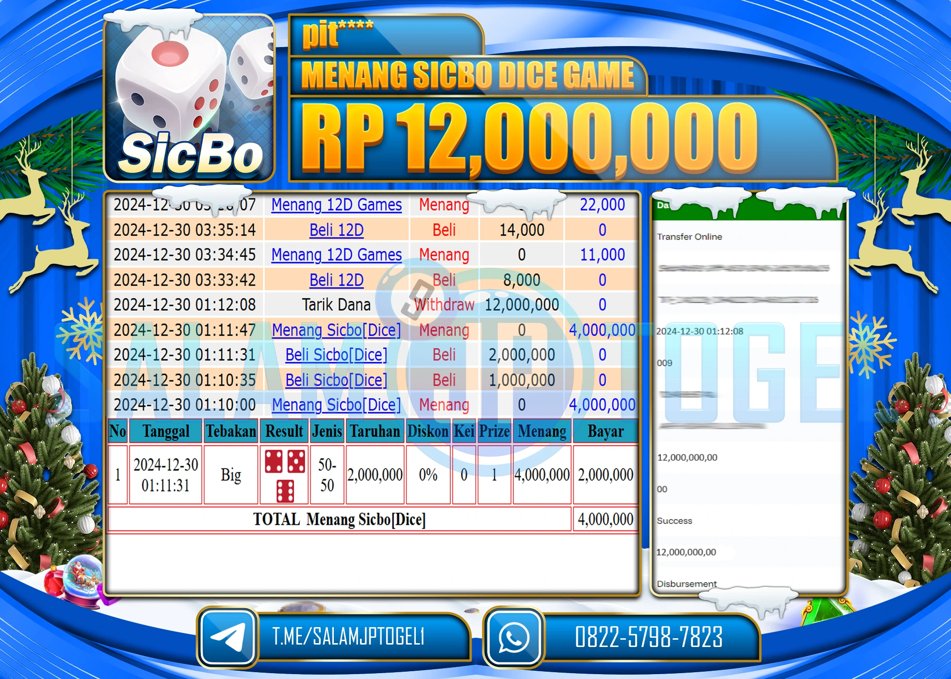 SALAMJPTOGEL MENANG SICBO DICE GAME  Rp.12,000,000 LUNAS