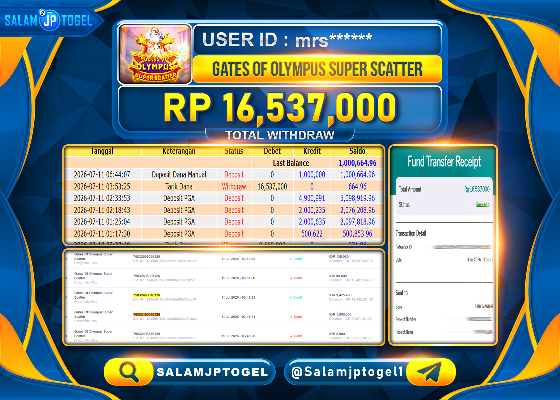 SALAMJPTOGEL JACKPOT Gates Of Olympus Super Scatter Rp.16,537,000 - LUNAS