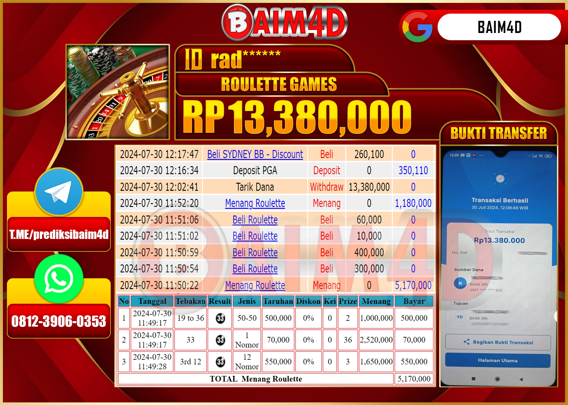 BAIM4D JACKPOT  ROULETTE GAMES Rp.13.380,000.- LUNAS