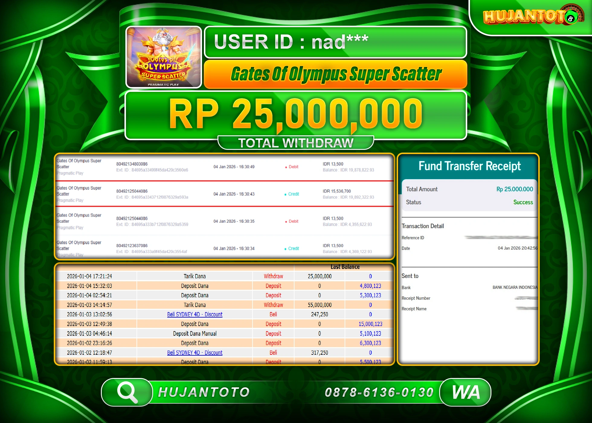HUJANTOTO - BUKTI JACKPOT MENANG SLOT GATES OF OLYMPUS SUPER SCATTER Rp.25,000,000 - TERBAYAR LUNAS