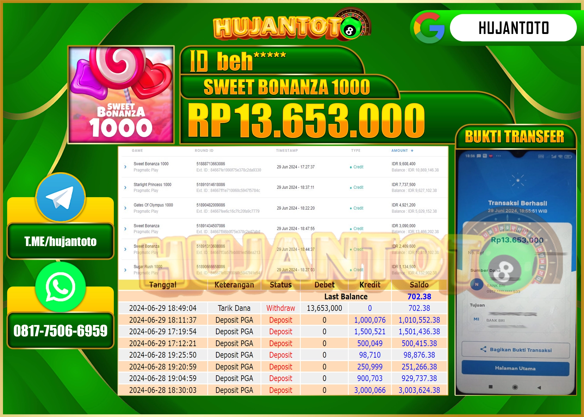 HUJANTOTO MENANG SLOT SWEET BONANZA 13,653,000 - LUNAS 