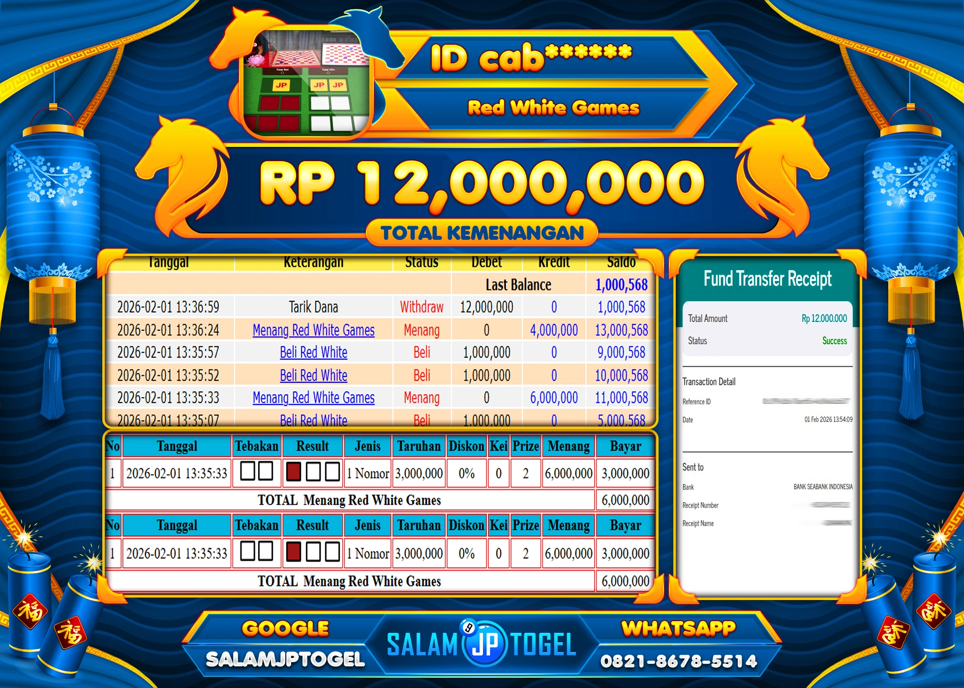 SALAMJPTOGEL JACKPOT RED WHITE GAMES Rp.12,000,000 - LUNAS