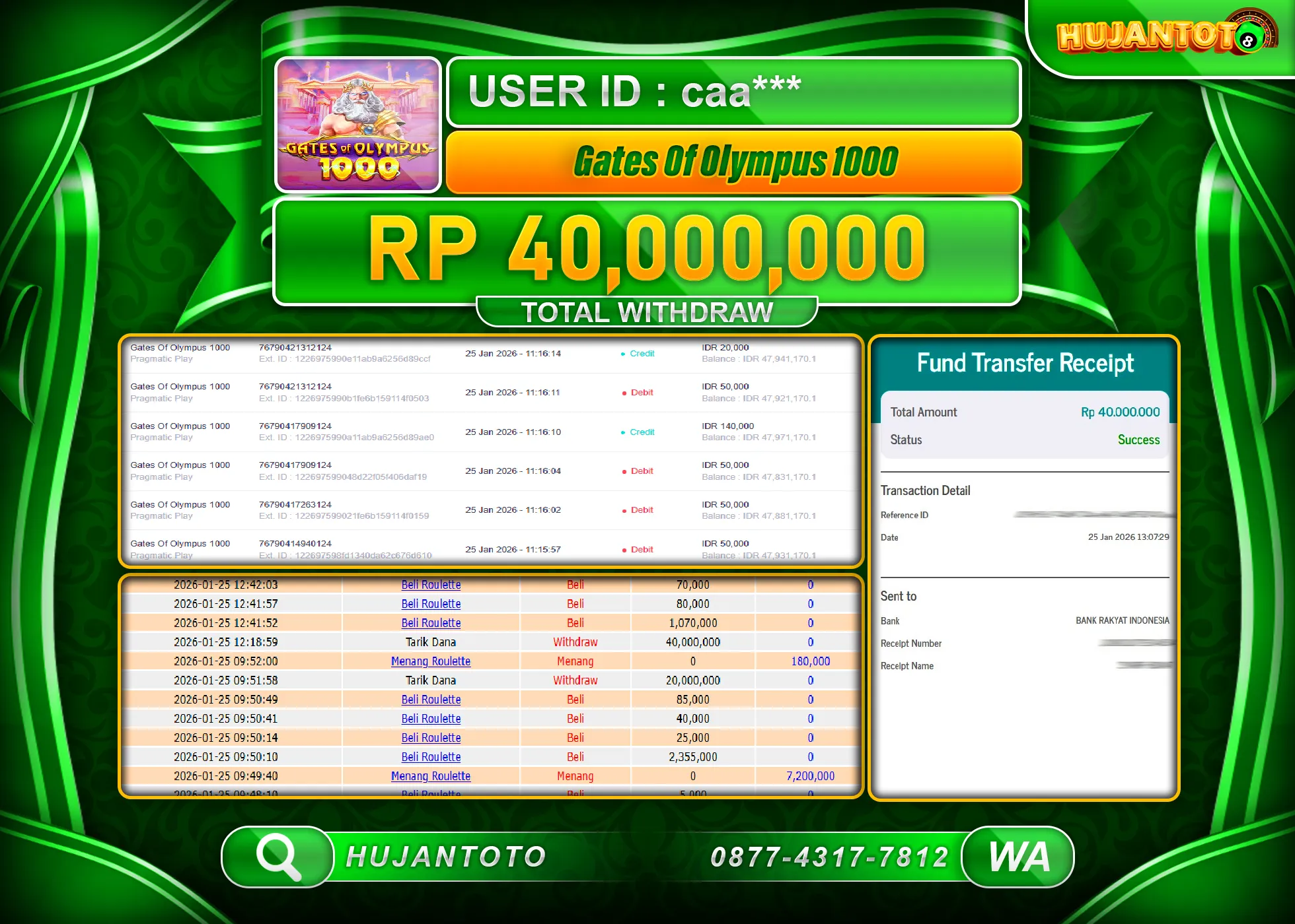 HUJANTOTO - BUKTI JACKPOT MENANG SLOT GATES OF OLYMPUS 1000  Rp.40,000,000 - TERBAYAR LUNAS