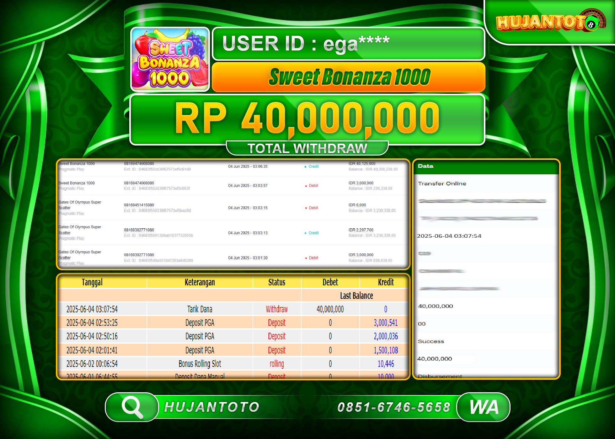 HUJANTOTO - BUKTI JACKPOT MENANG SLOT SWEET BONANZA 1000 Rp.40,000,000  - TERBAYAR LUNAS