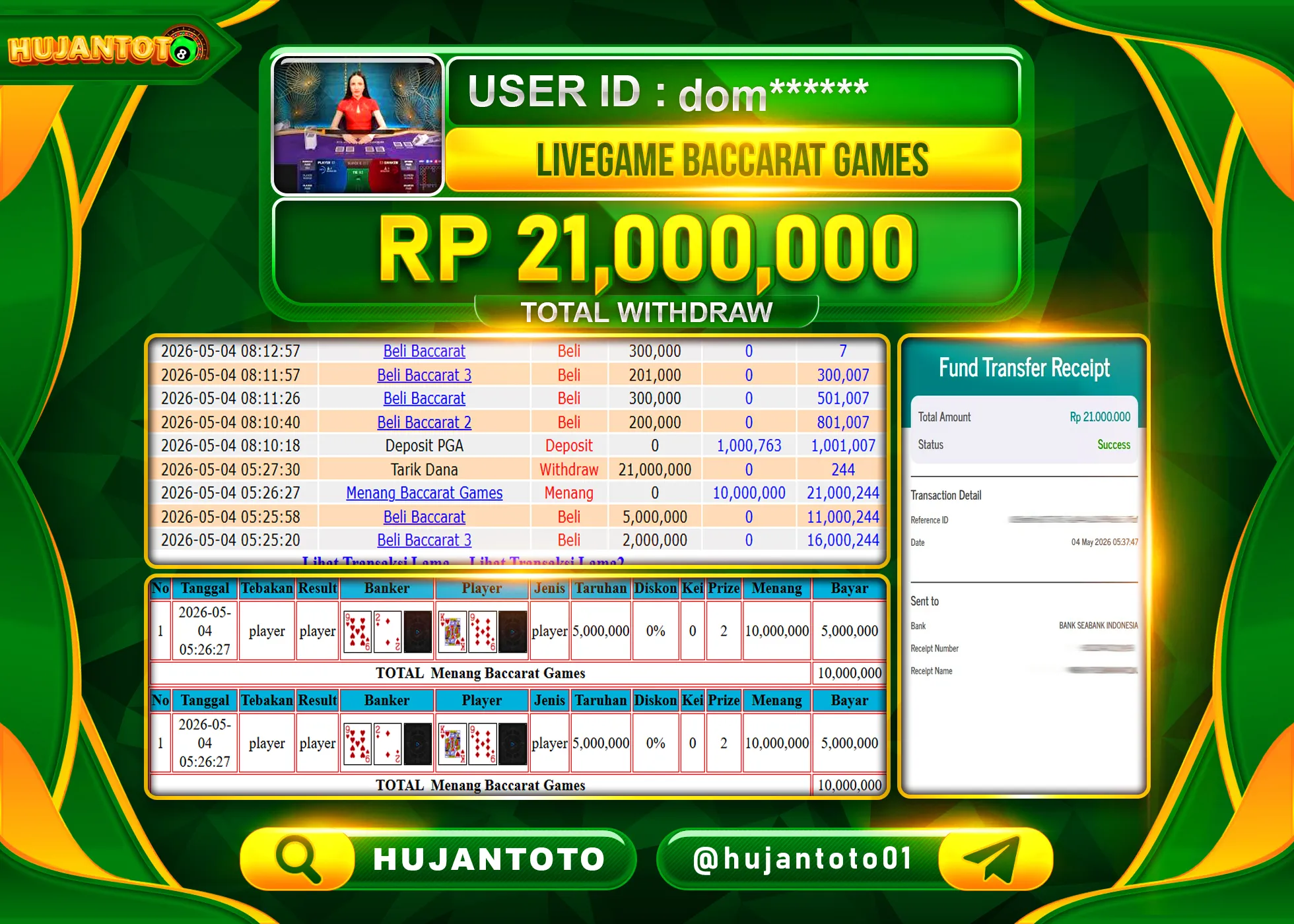 HUJANTOTO - BUKTI JACKPOT MENANG LIVEGAME BACCARAT GAMES Rp.21,000,000 - TERBAYAR LUNAS