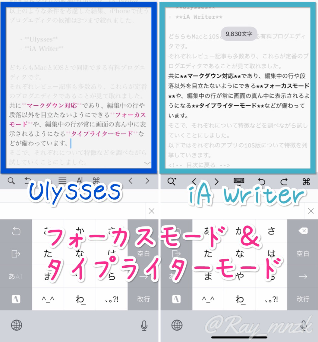 Ulysses＆iAWriter フォーカスモード＆タイプライターモード