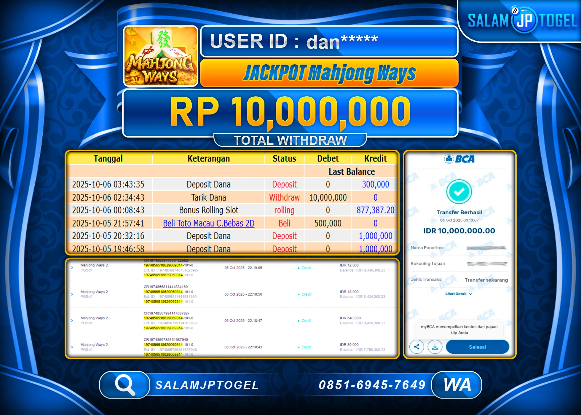 SALAMJPTOGEL MENANG JACKPOT MAHJONG WAYS RP. 10,000,000, - LUNAS