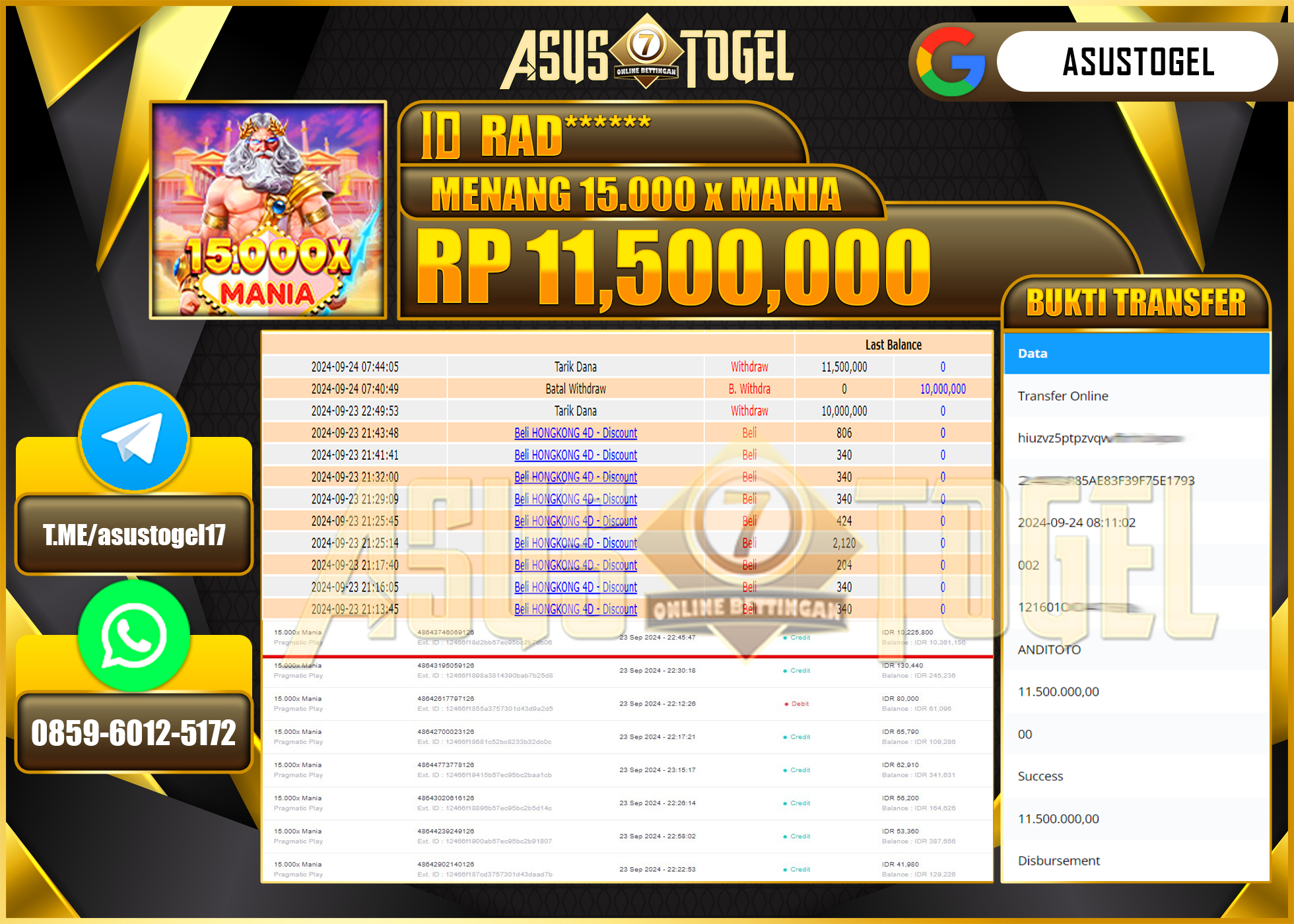 ASUSTOGEL KEMENANGAN DI PERMAINAN 15.000 x MANIA SEBESAR 11,500,000- RUPIAH LUNAS