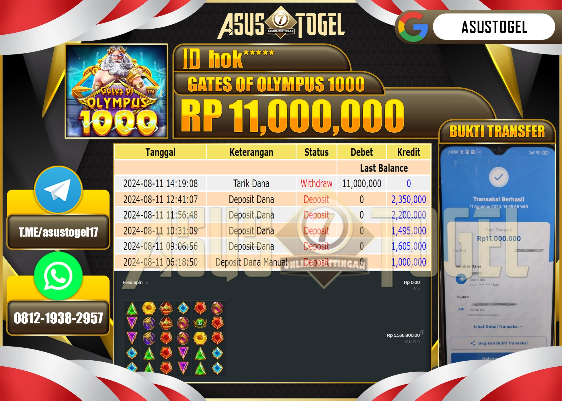 ASUSTOGEL KEMENANGAN DI GATES OF OLYMPUS 1000 SEBESAR 11,000,000- RUPIAH LUNAS