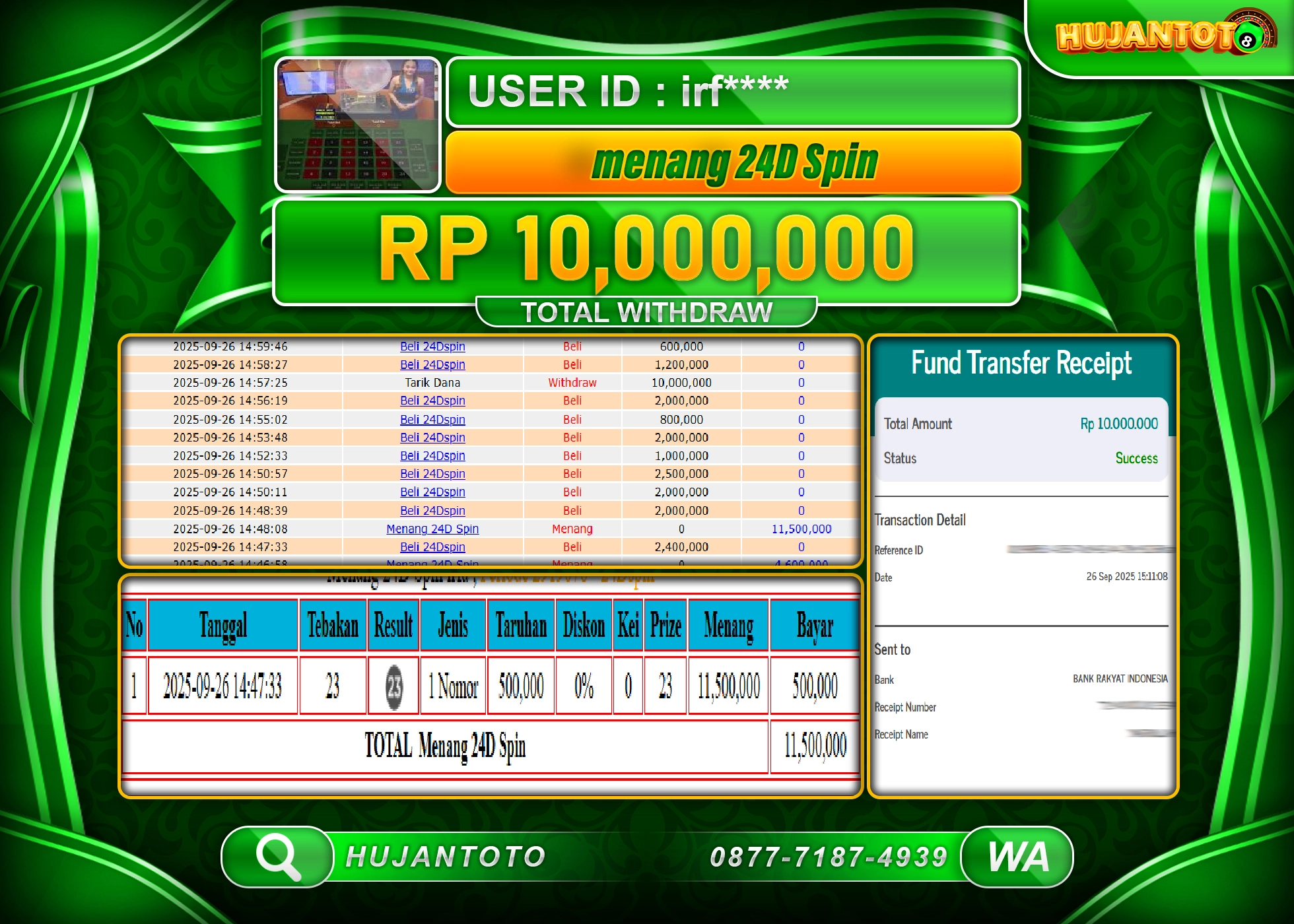 HUJANTOTO - BUKTI JACKPOT MENANG DI LIVE GAMES 24D SPIN Rp.10,000,000- TERBAYAR LUNAS