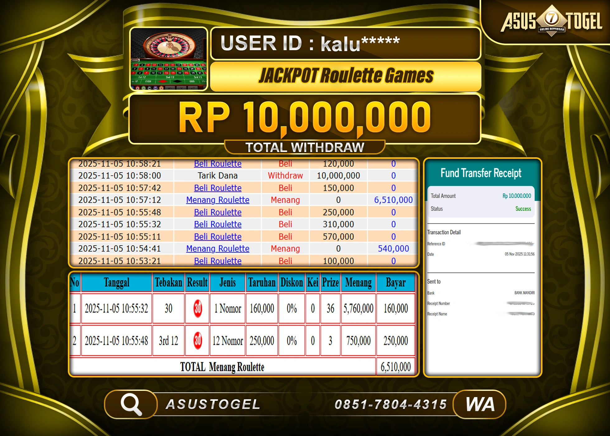 ASUSTOGEL KEMENANGAN DI LIVE ROULETTE GAMES SEBESAR 10,000,000 - RUPIAH LUNAS
